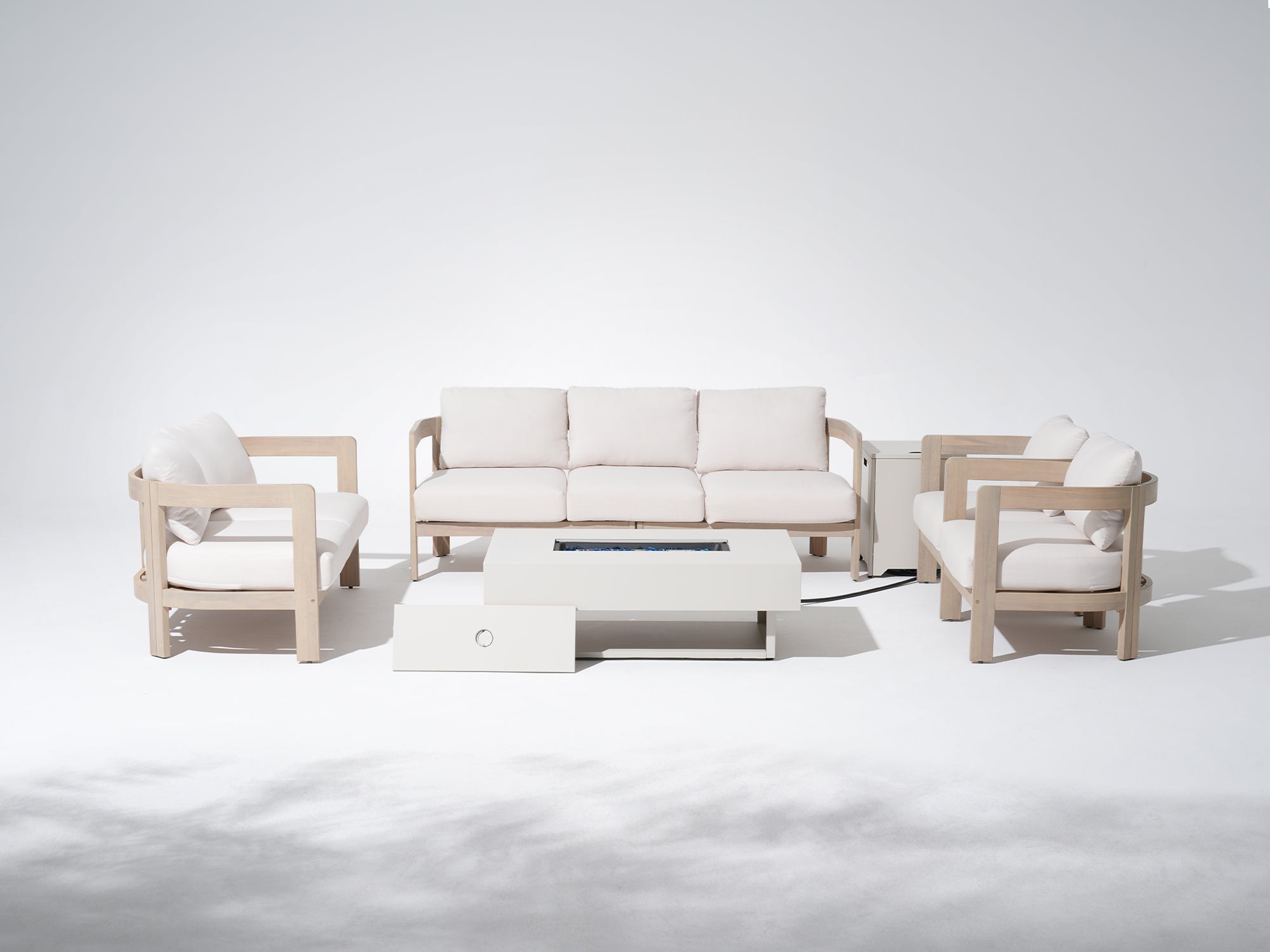 7-seat Outdoor acacia Wooden Sofa conversation Set with fire pit table, Light Beige 6.3''Thick Cushions - Jardina Modern Premium Outdoor Patio Furniture Sets