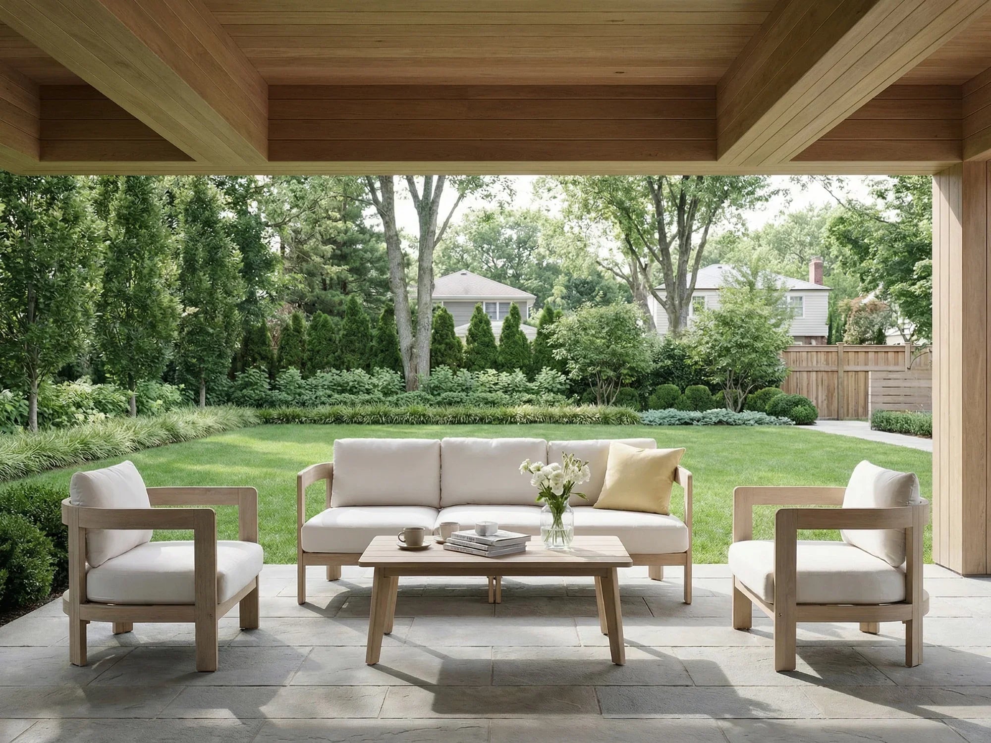 acacia wood Outdoor patio conversation furniture set with cushions, 5 seats - Jardina Modern Premium Outdoor Patio Furniture Sets