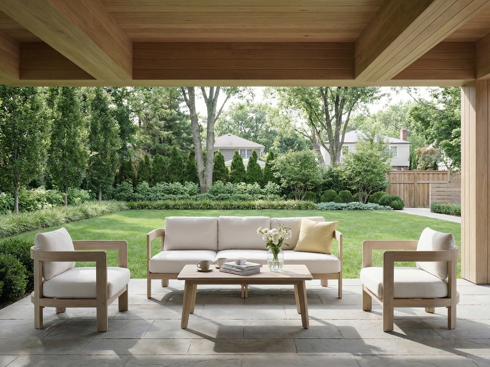 acacia wood Outdoor patio conversation furniture set with cushions, 5 seats - Jardina Modern Premium Outdoor Patio Furniture Sets