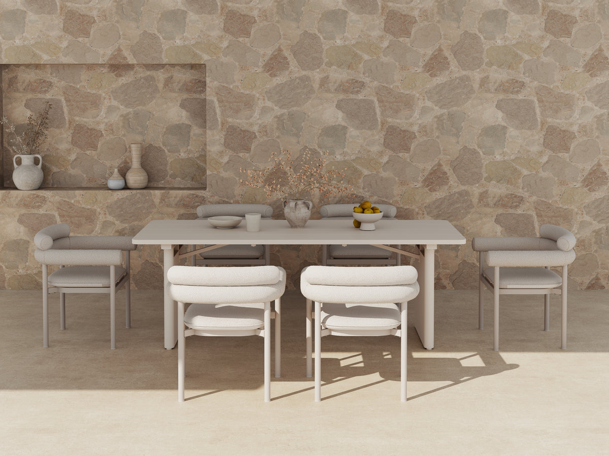 Oyster‑White Aluminum Outdoor Dining Set for 6-8 People, Boucle Upholstered Dining Chairs, 86.6"