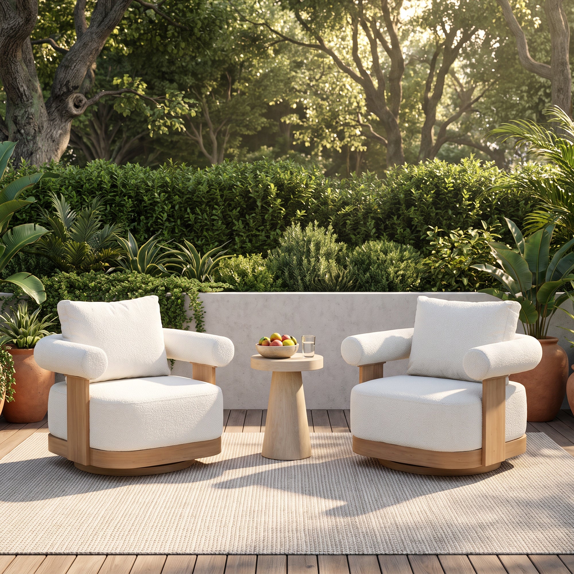 Cassie Wood-Look Aluminum Outdoor Swivel Club Chair, 360° Rotating, Textured White Cushon
