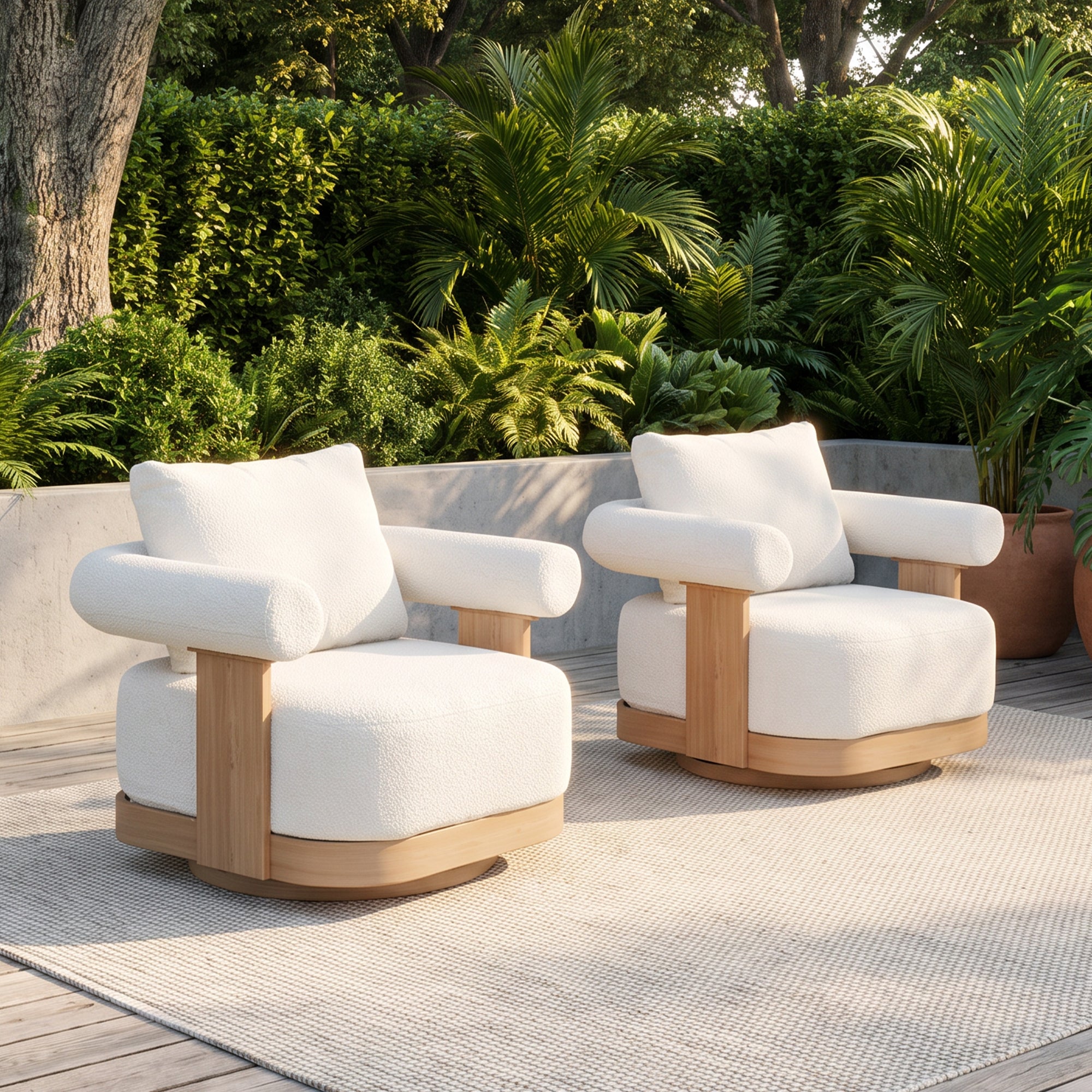 Cassie Wood-Look Aluminum Outdoor Swivel Club Chair, 360° Rotating, Textured White Cushon