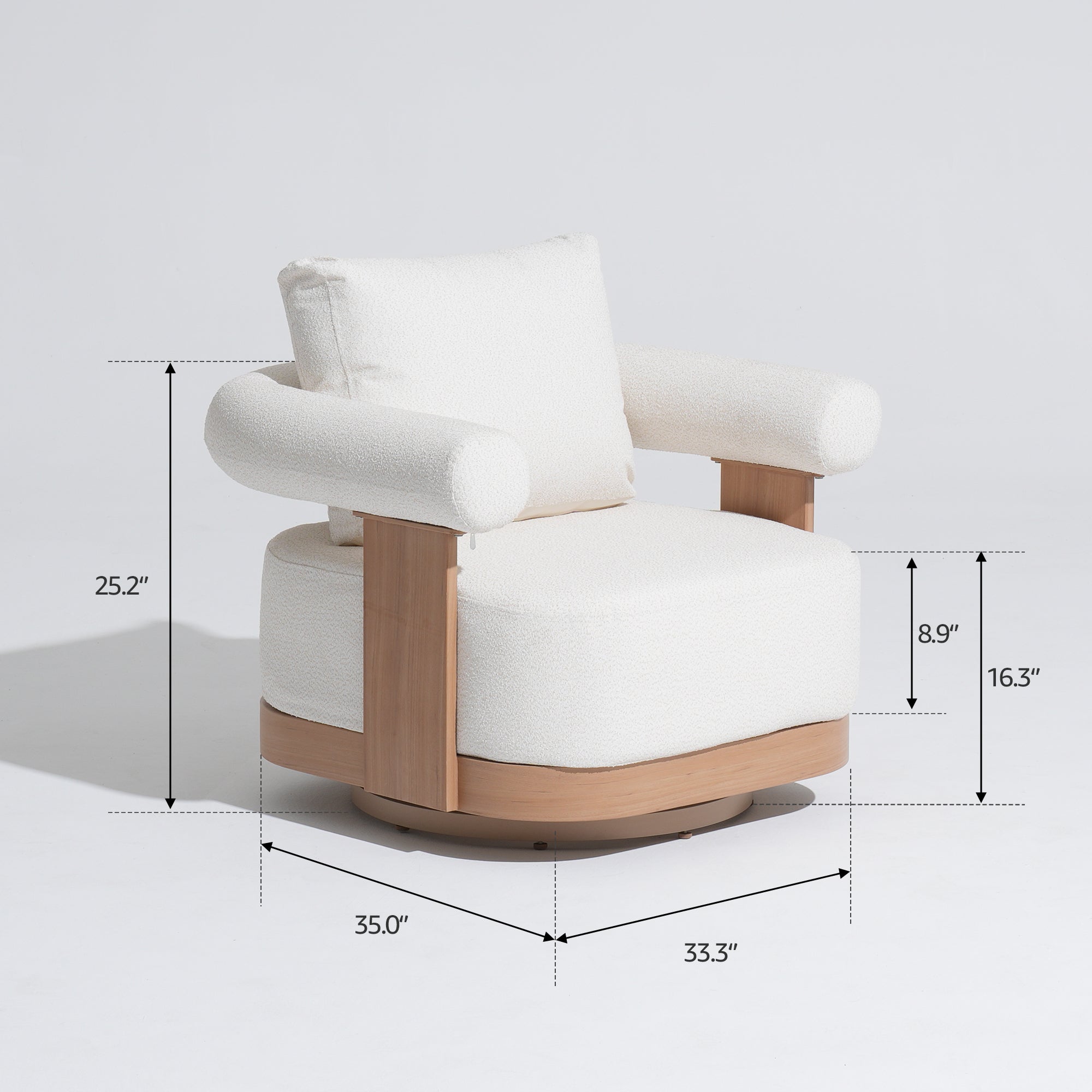 Cassie Wood-Look Aluminum Outdoor Swivel Club Chair, 360° Rotating, Textured White Cushon