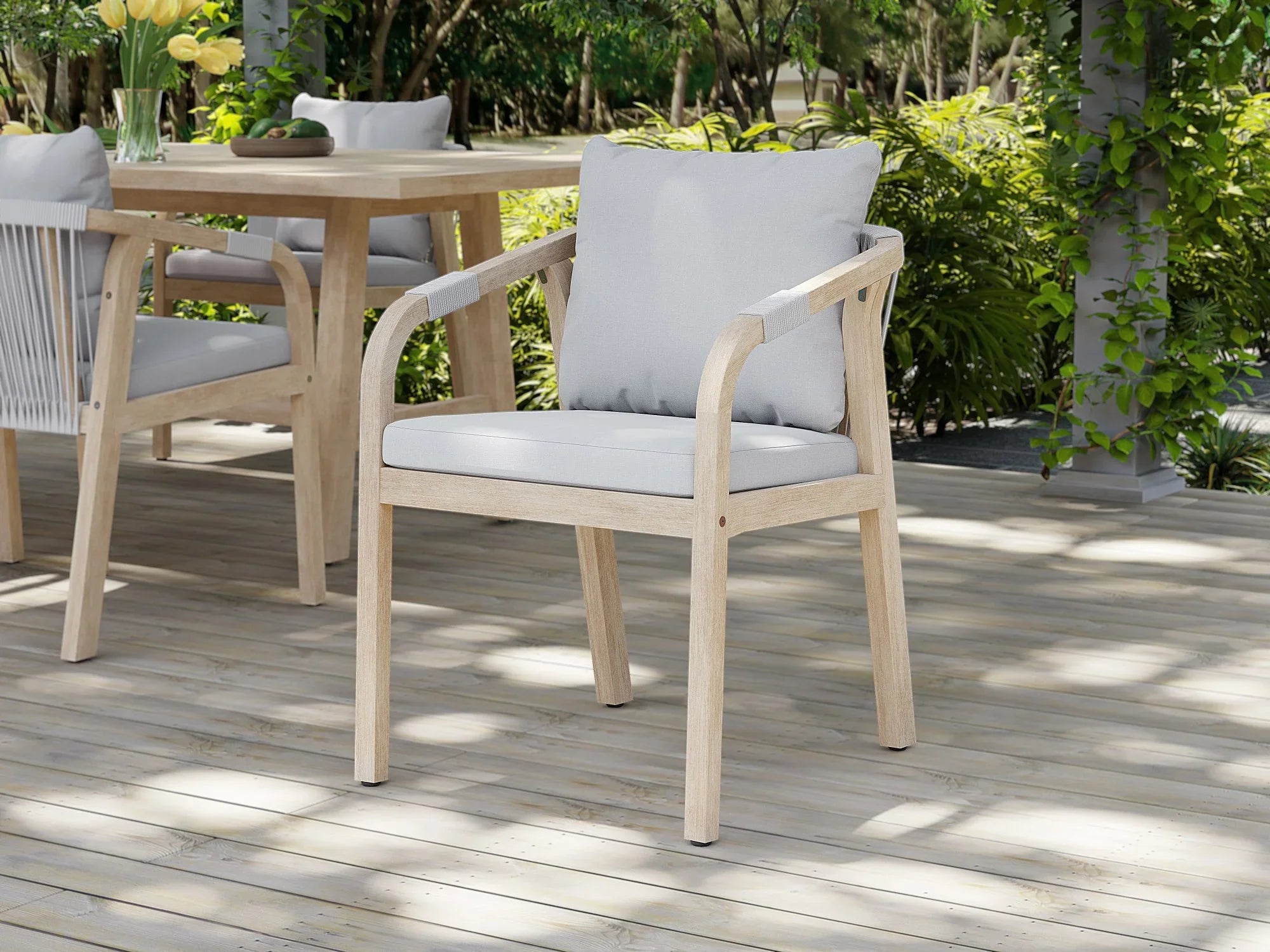 Thalea modern Outdoor dining set, acacia wooden frame and rope design chairs detail - Jardina Premium Modern Outdoor Dining Furniture