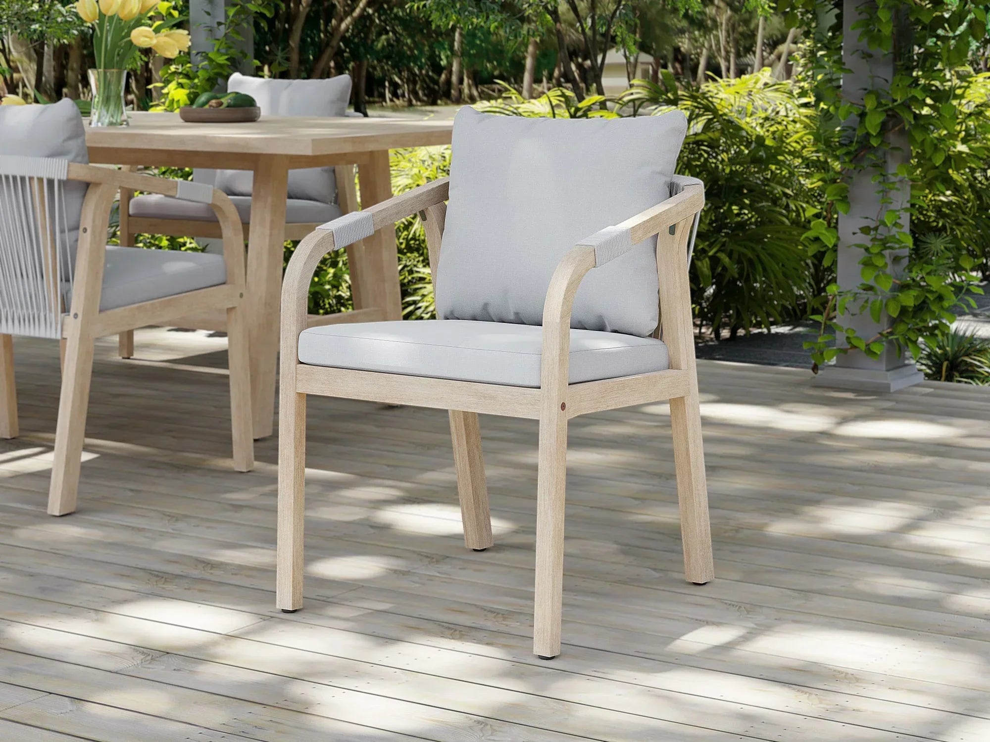 Thalea modern Outdoor dining set, acacia wooden frame and rope design chairs detail - Jardina Premium Modern Outdoor Dining Furniture