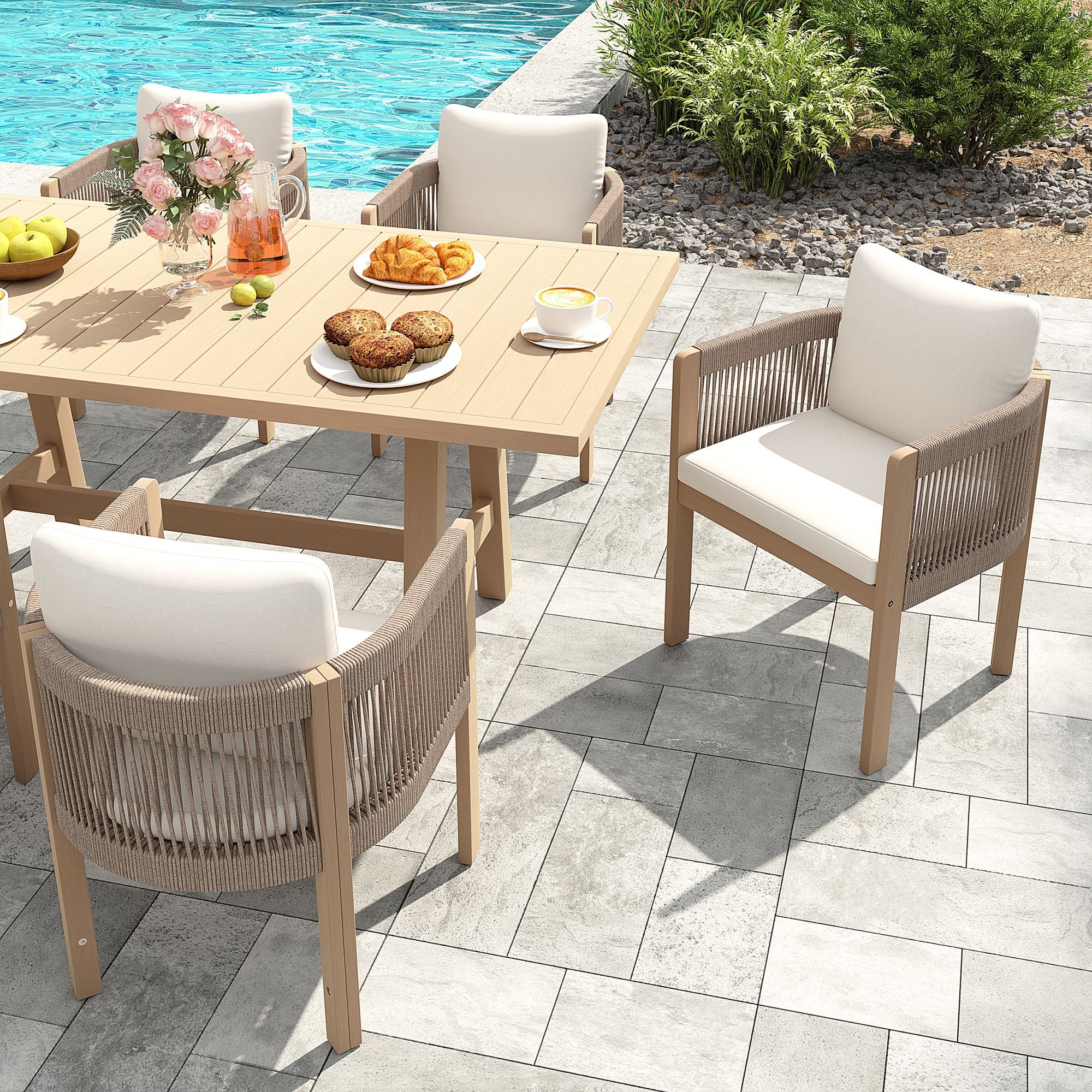 Foristern Wooden Outdoor Dining Set with White Cushion for 6 People, 67''