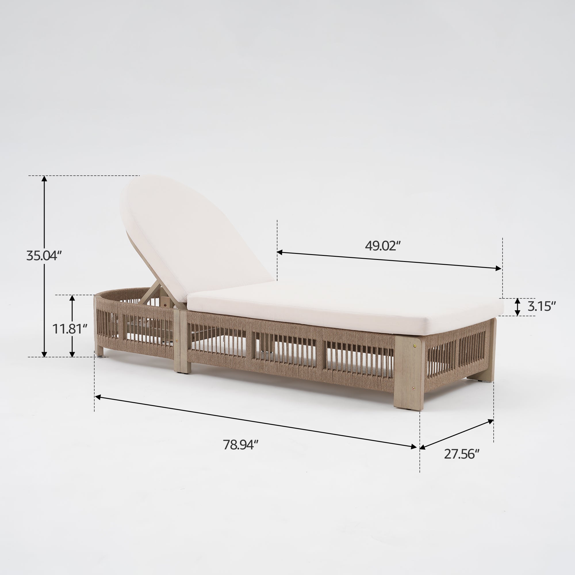 Foristern Wooden Outdoor Chaise Lounge Chair, Rope Design, Adjustable Backrest with Thick Cushion