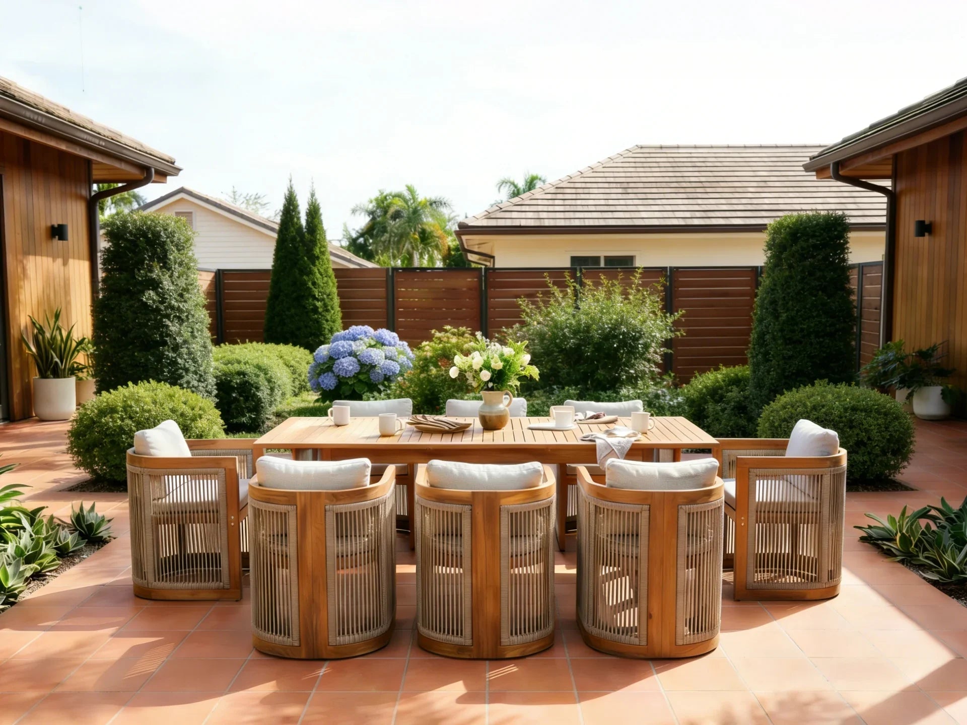 Outdoor patio dining furniture set with acacia wooden rectangular table and chairs for 8 people - Jardina Premium Modern Outdoor Dining Furniture