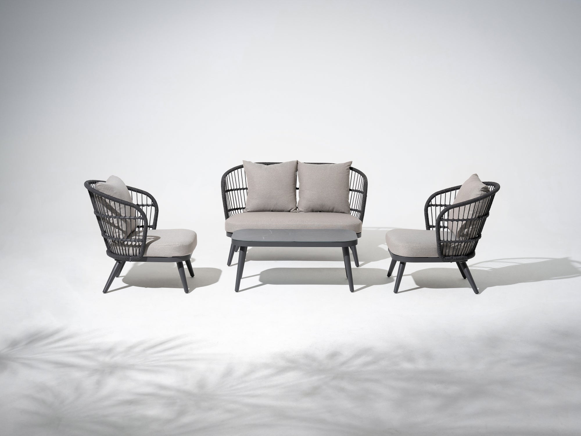 Aluminum 4-seat outdoor conversation seating set with grey cushions, woven rope design, a loveseat sofa, two single sofa chairs, and an aluminum rectangular outdoor coffee table with tempered glass toptable- Jardina Modern Outdoor Patio Furniture Set