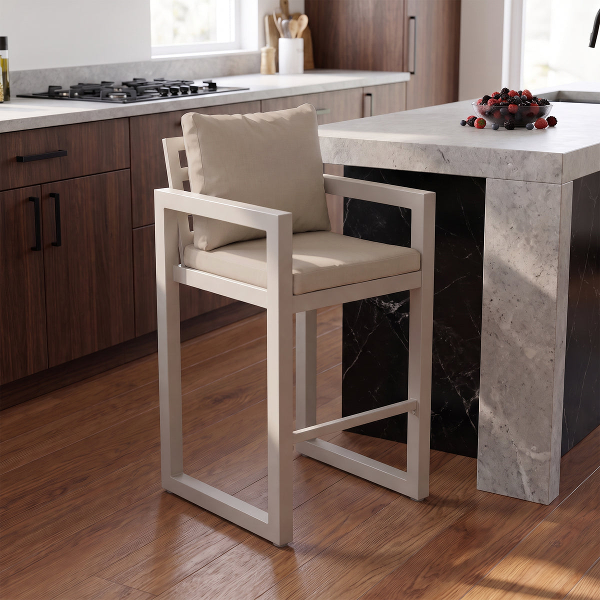 Vela Counter-Height Stool, Oyster White Aluminum Frame & Light Beige Cushions, Set of 2/4/6, 39.6"