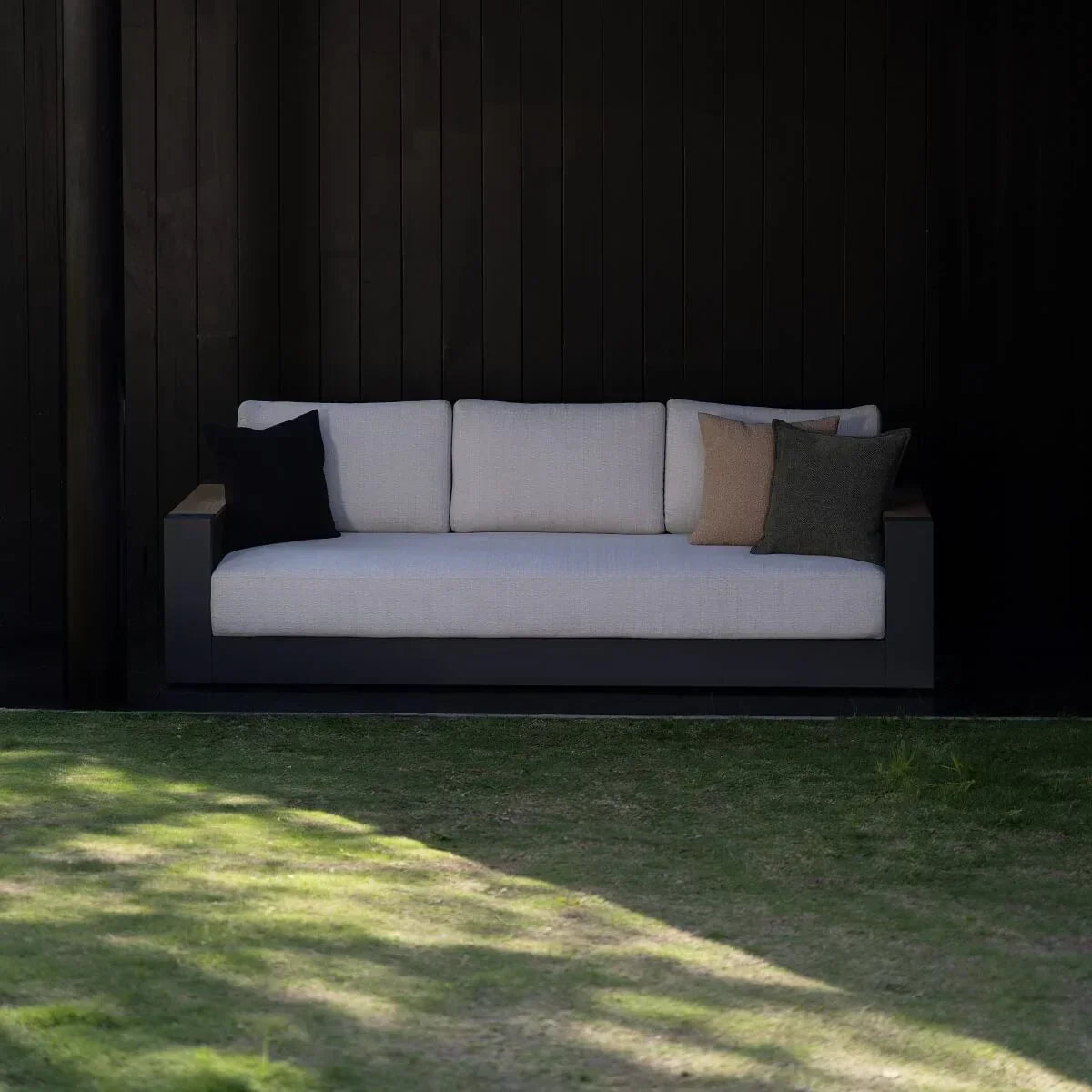 black aluminum outdoor 3 seats sofa with beige cushions - Jardina Modern Premium Patio Outdoor Furniture