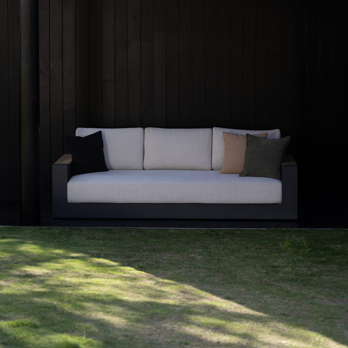 black aluminum outdoor 3 seats sofa with beige cushions - Jardina Modern Premium Patio Outdoor Furniture