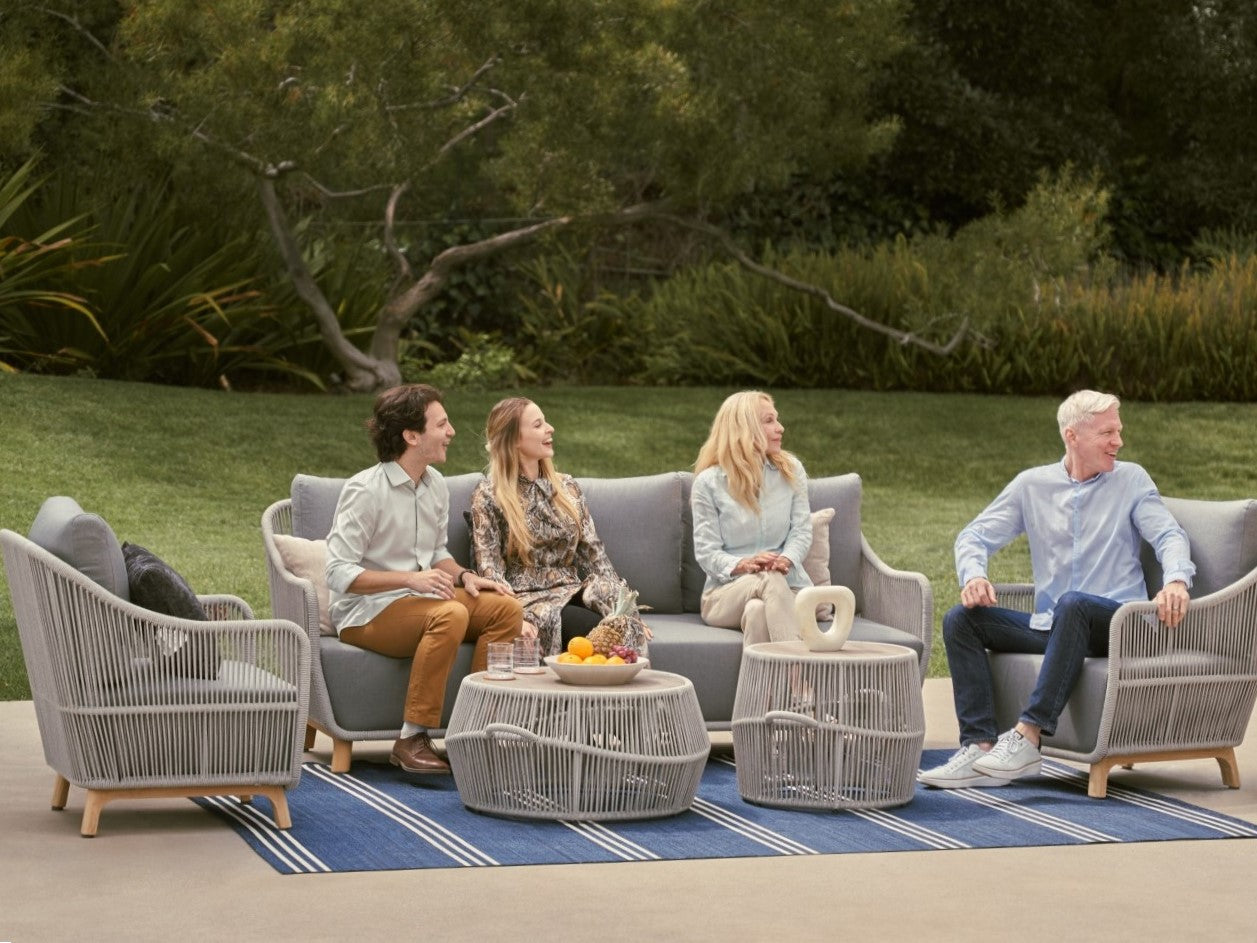 Outdoor patio conversation set with sofa, two chairs, and round coffee tables, Teak wood and Rope design, gray cushions - Jardina modern premium outdoor patio furniture set