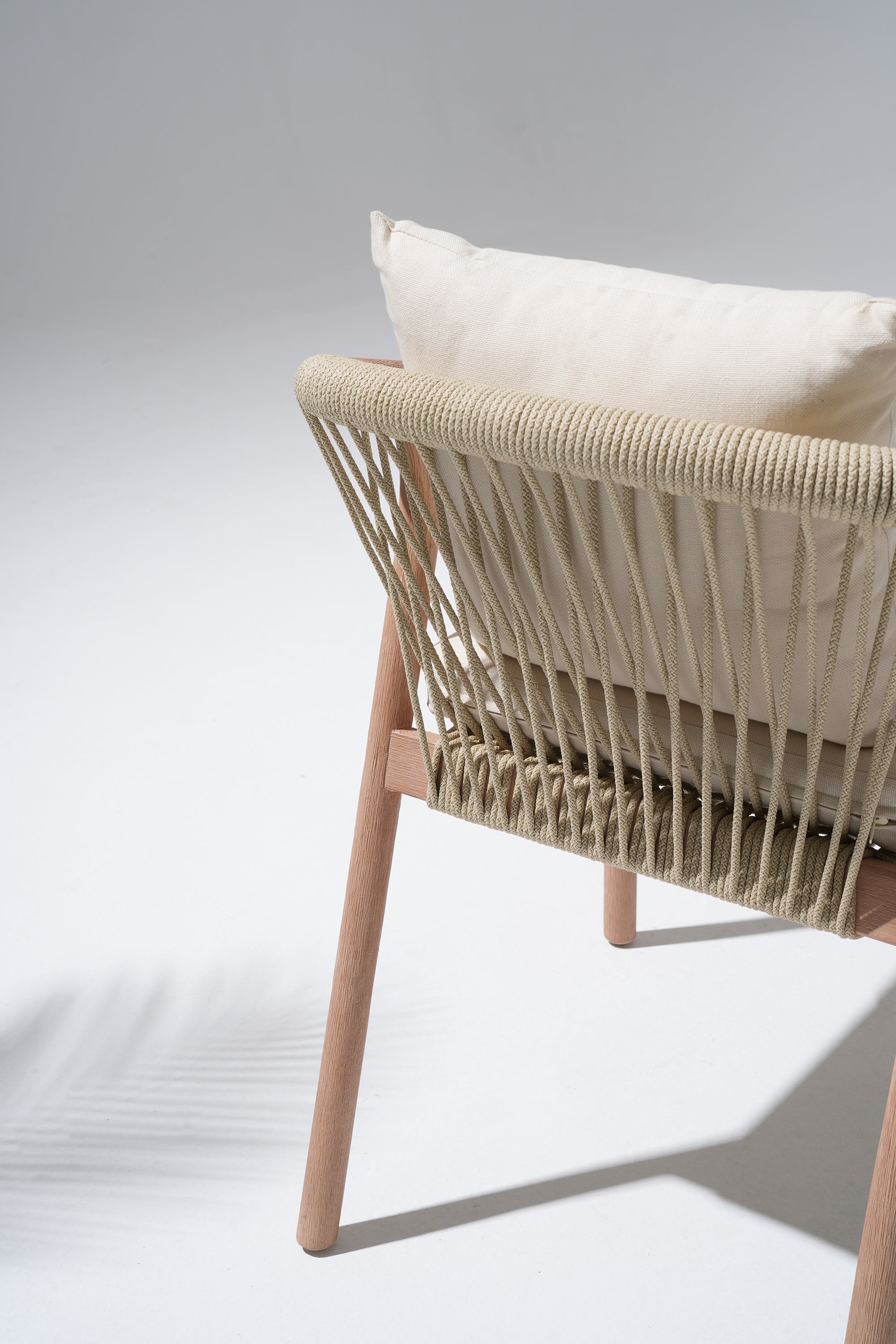 Tellus Wooden Outdoor Dining Chair with Light Beige Cushion, Rope Design, Eucalyptus