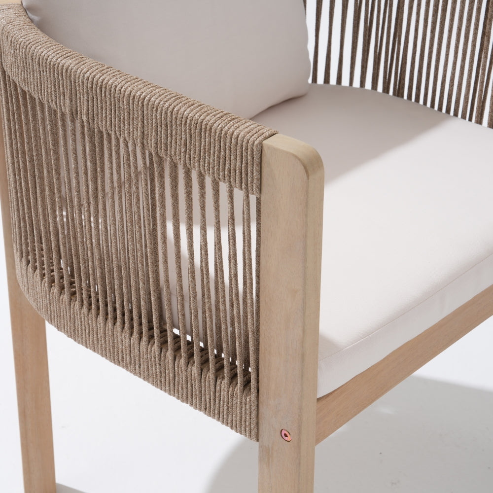 acacia wooden Chair with woven rope backrest and white cushion detail- Jardina Modern Premium Outdoor Patio Furniture