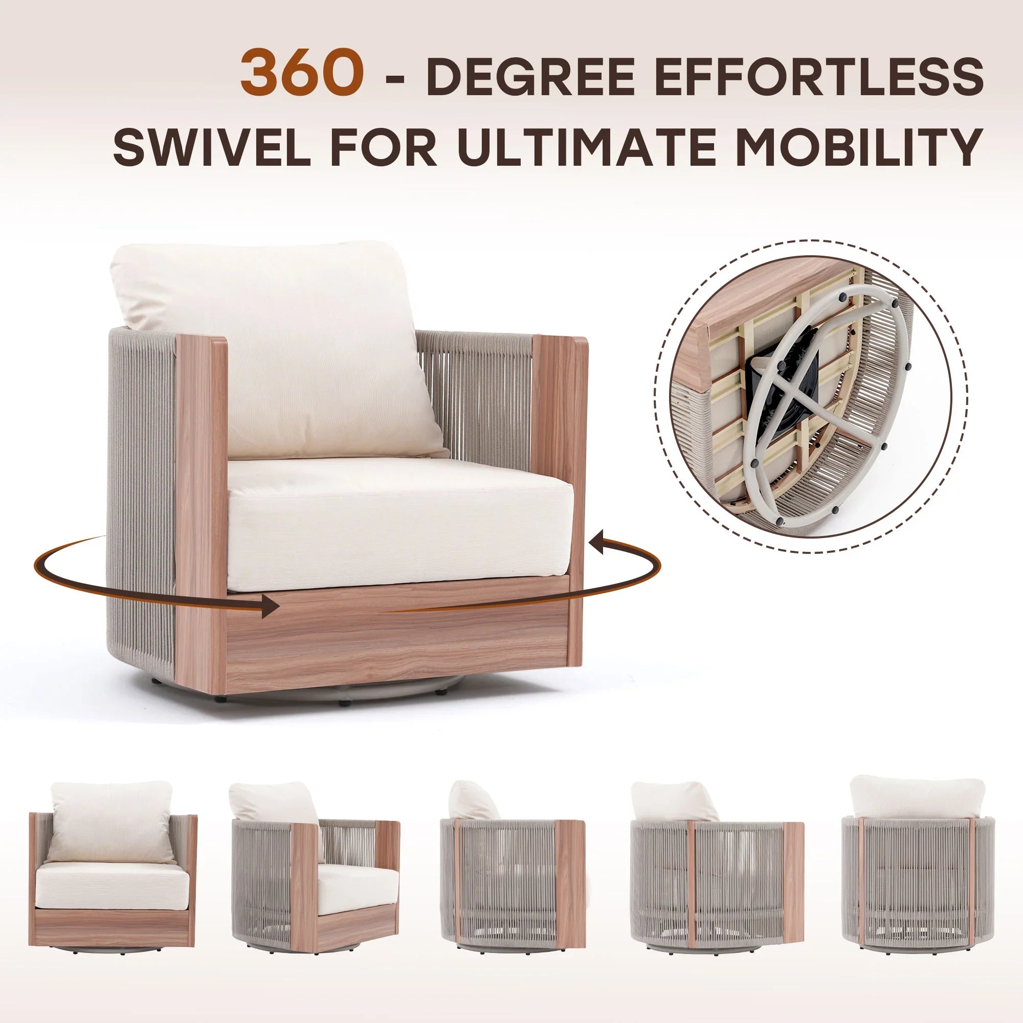 Aluminum and rope Outdoor Chair with swivel mechanism and360-degree effortless swivel for ultimate mobility- Jardina Modern Premium Patio Outdoor Furniture