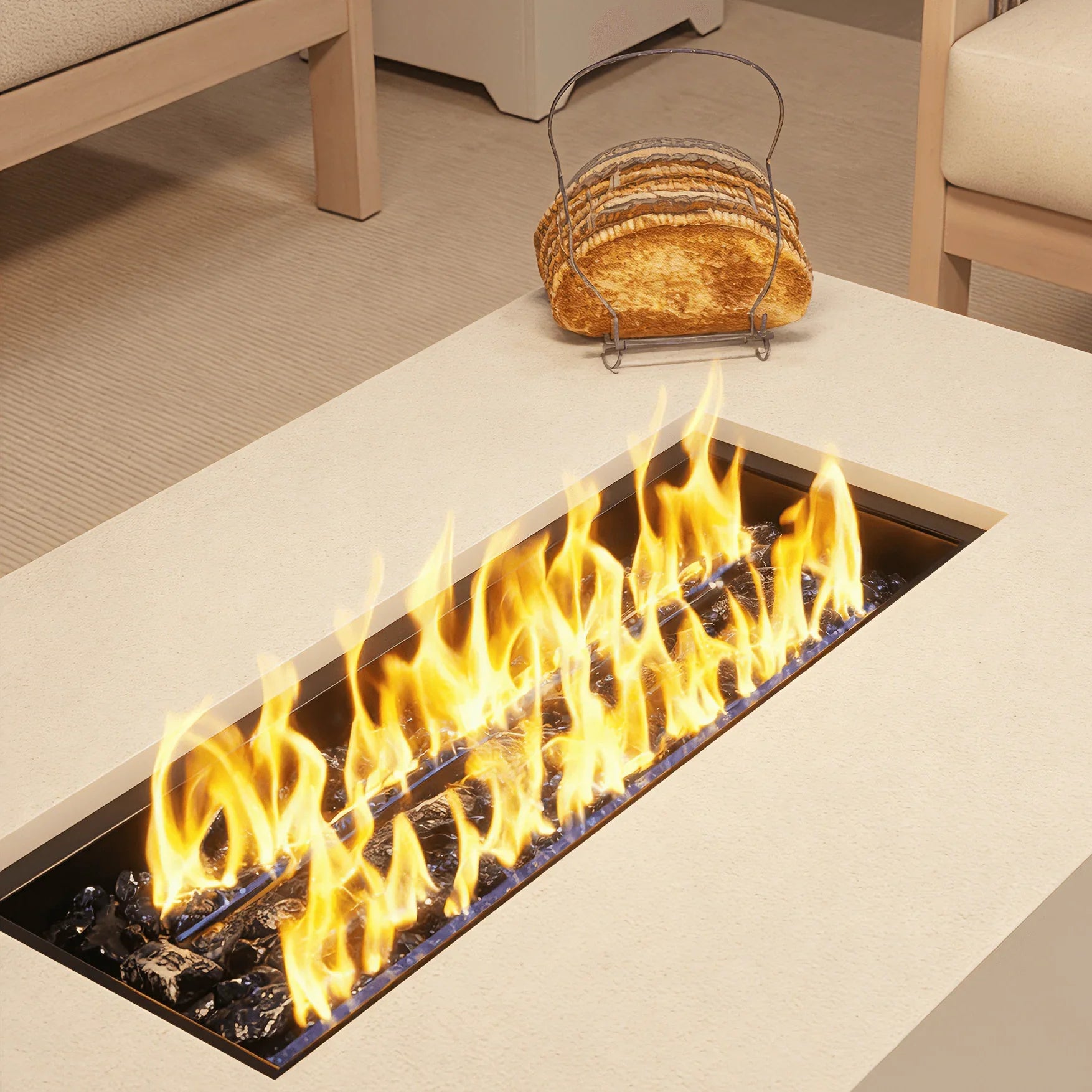 Modern fire pit with flames