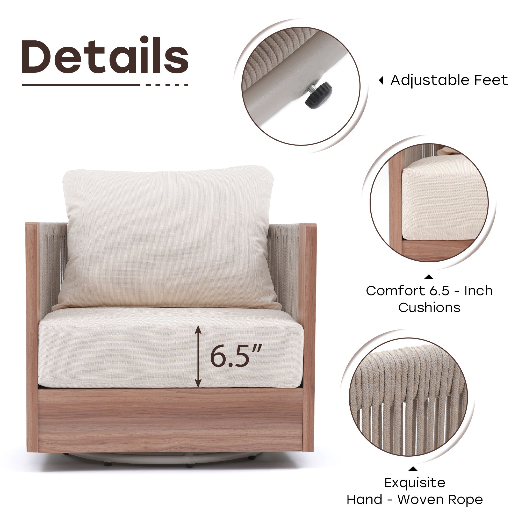 Lounge Chair with detailed features including adjustable feet, comfort cushions, and woven rope - Jardina Modern Premium Patio Outdoor Furniture