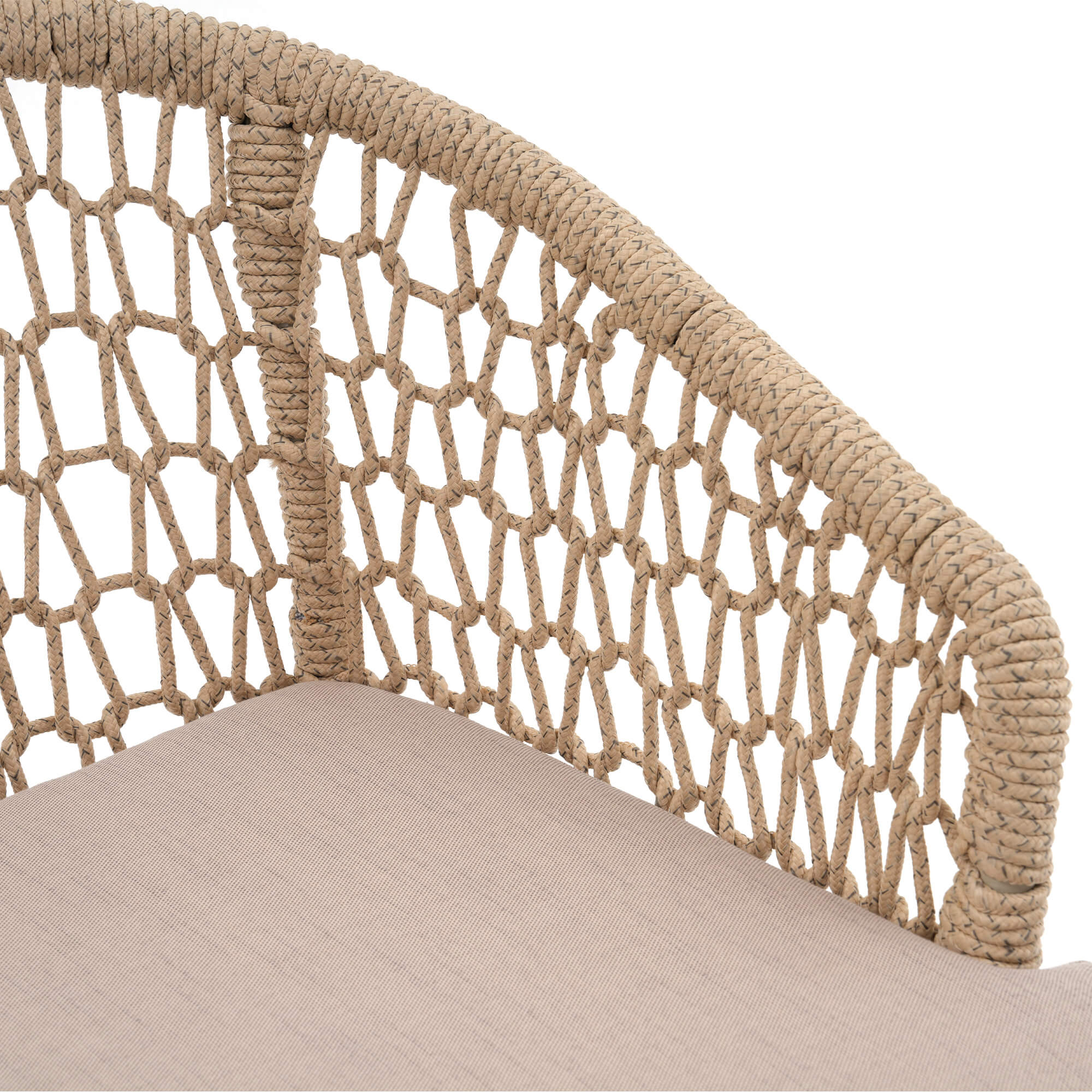 Close-up of a beige woven chair with a cushioned seat- Jardina Modern Premium Patio Outdoor Furniture
