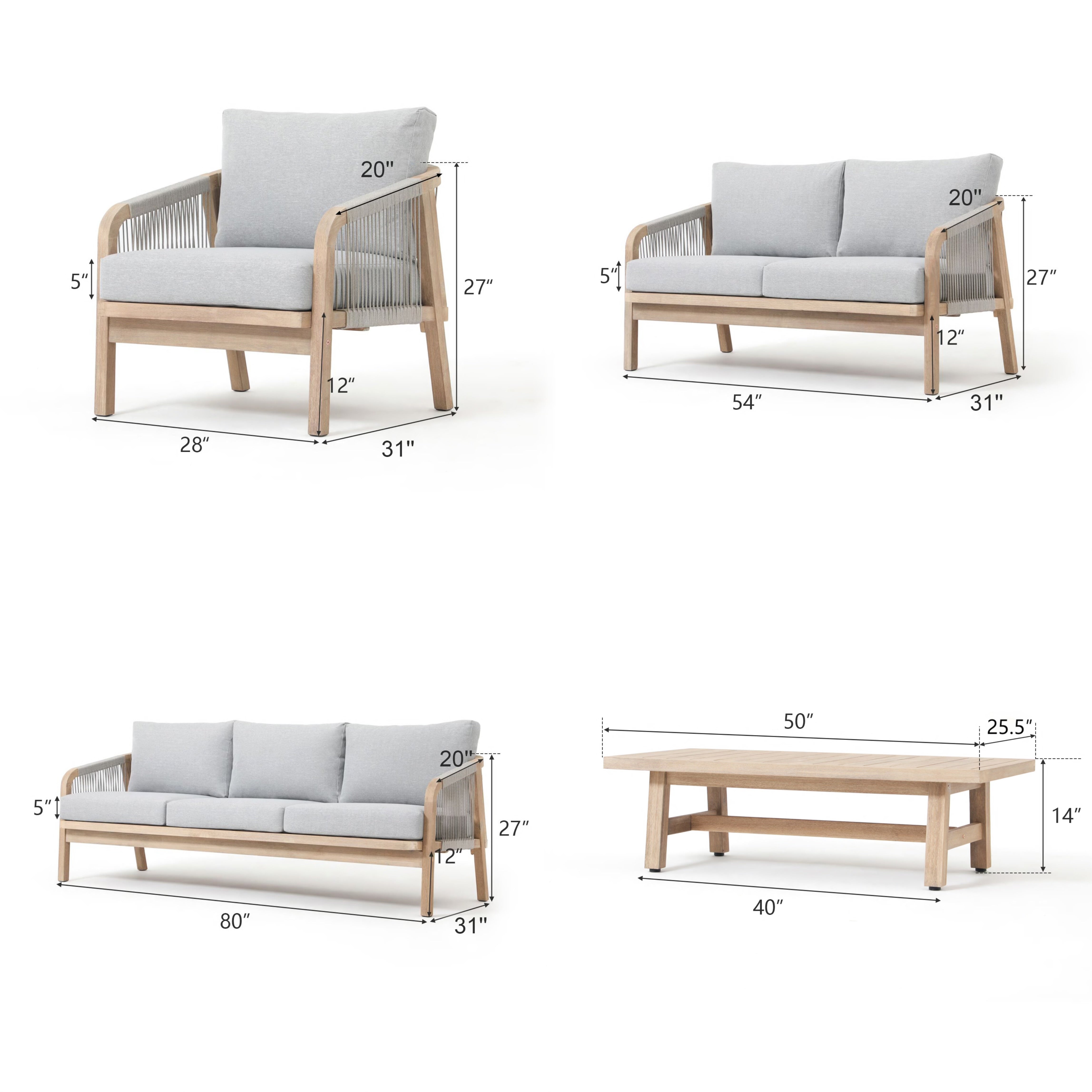 Thalea Acacia wood outdoor 3-seat sofa, loveseat, lounge chair, coffee table dimensions- Jardina Premium Modern Outdoor Patio Furniture