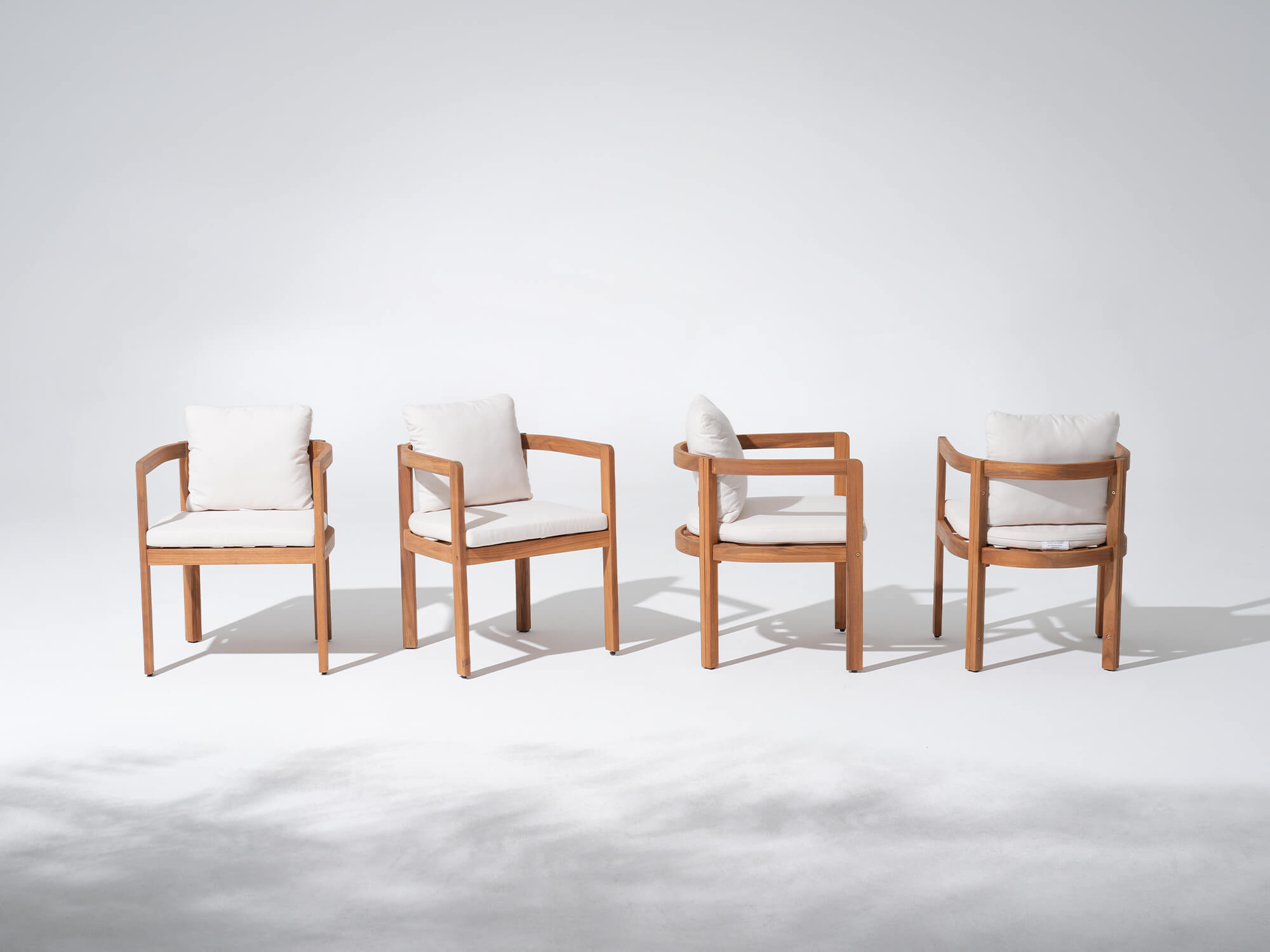 4 acacia wooden curved outdoor armchairs with white cushions- Jardina Modern Premium Patio Outdoor Furniture#Size_4 Chairs