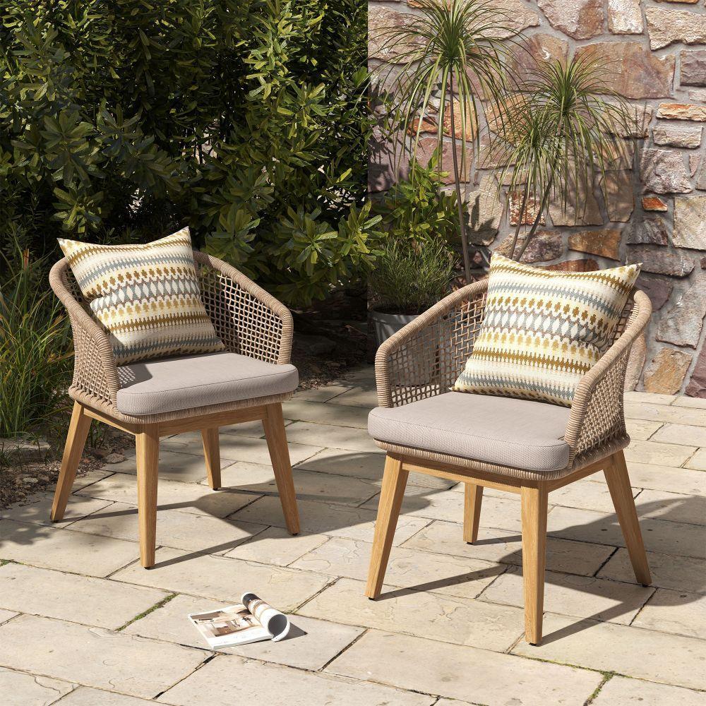 two acacia wooden outdoor dining chairs with rope design and cushions on a patio- Jardina Modern Premium Patio Outdoor Furniture#Color_Beige