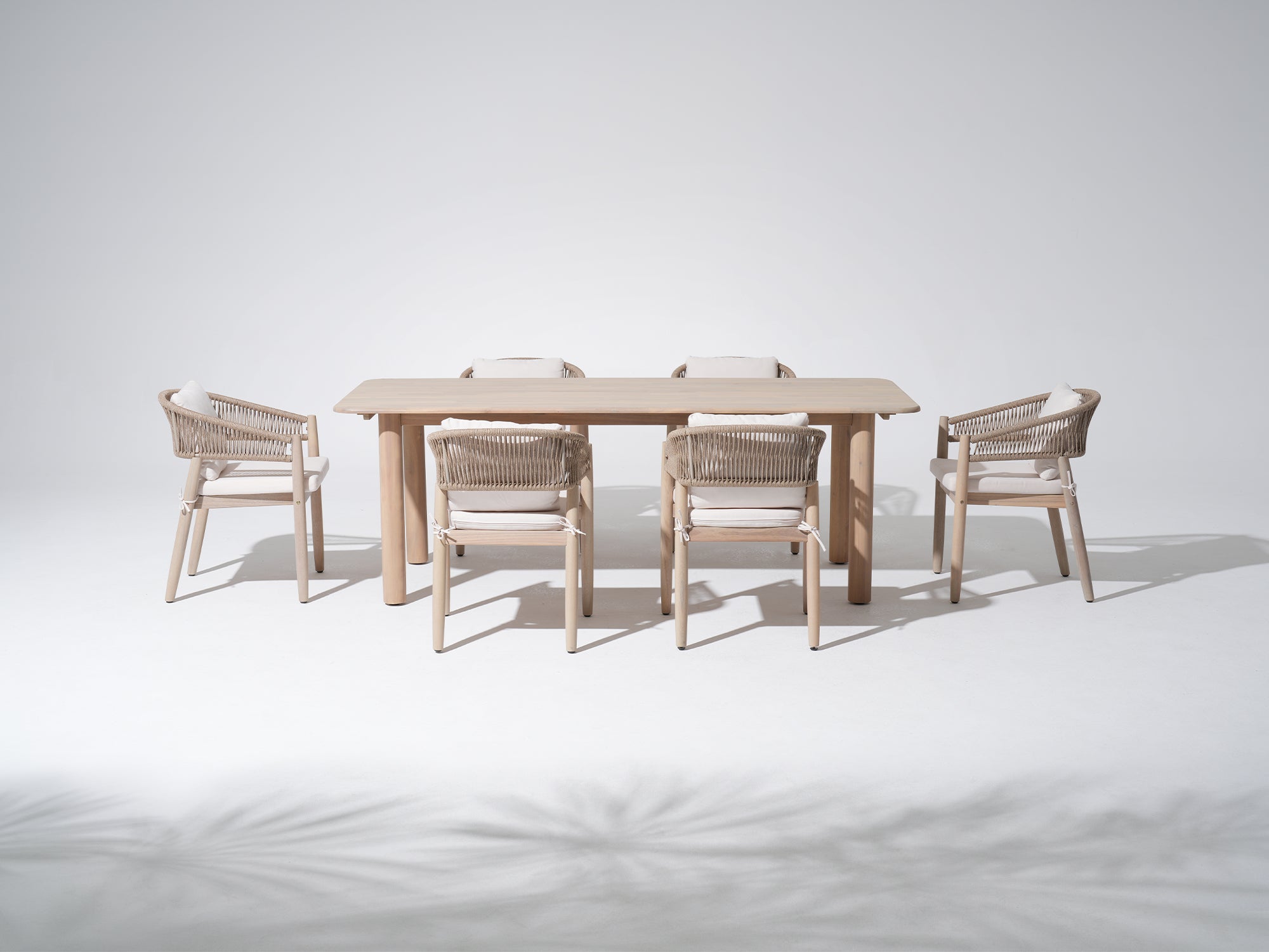 Lira Wooden Outdoor Dining Set with Rope Design, 8 Seats, 86.6" Slatted Table