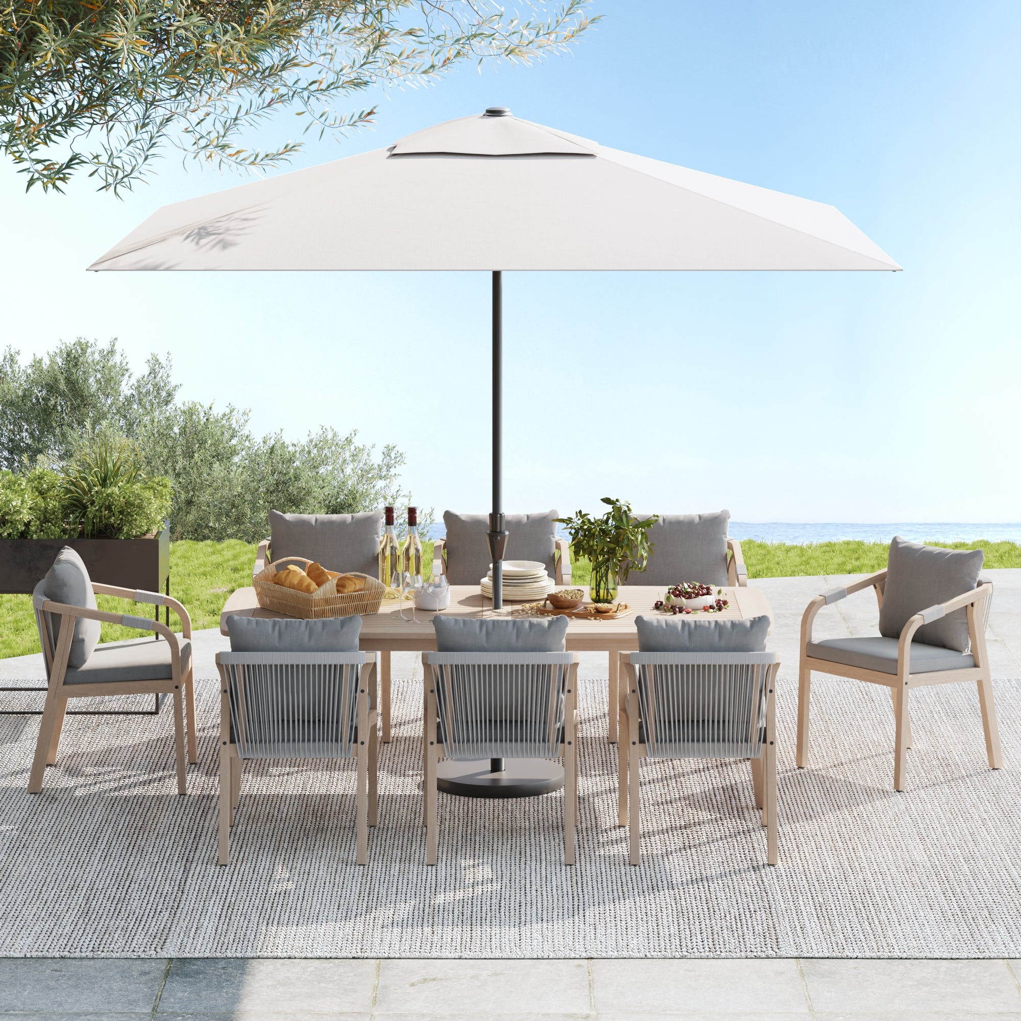9-pc acacia wooden & rope outdoor dining furniture set for 8 people with umbrella hole - Jardina Premium Modern Outdoor Dining Furniture