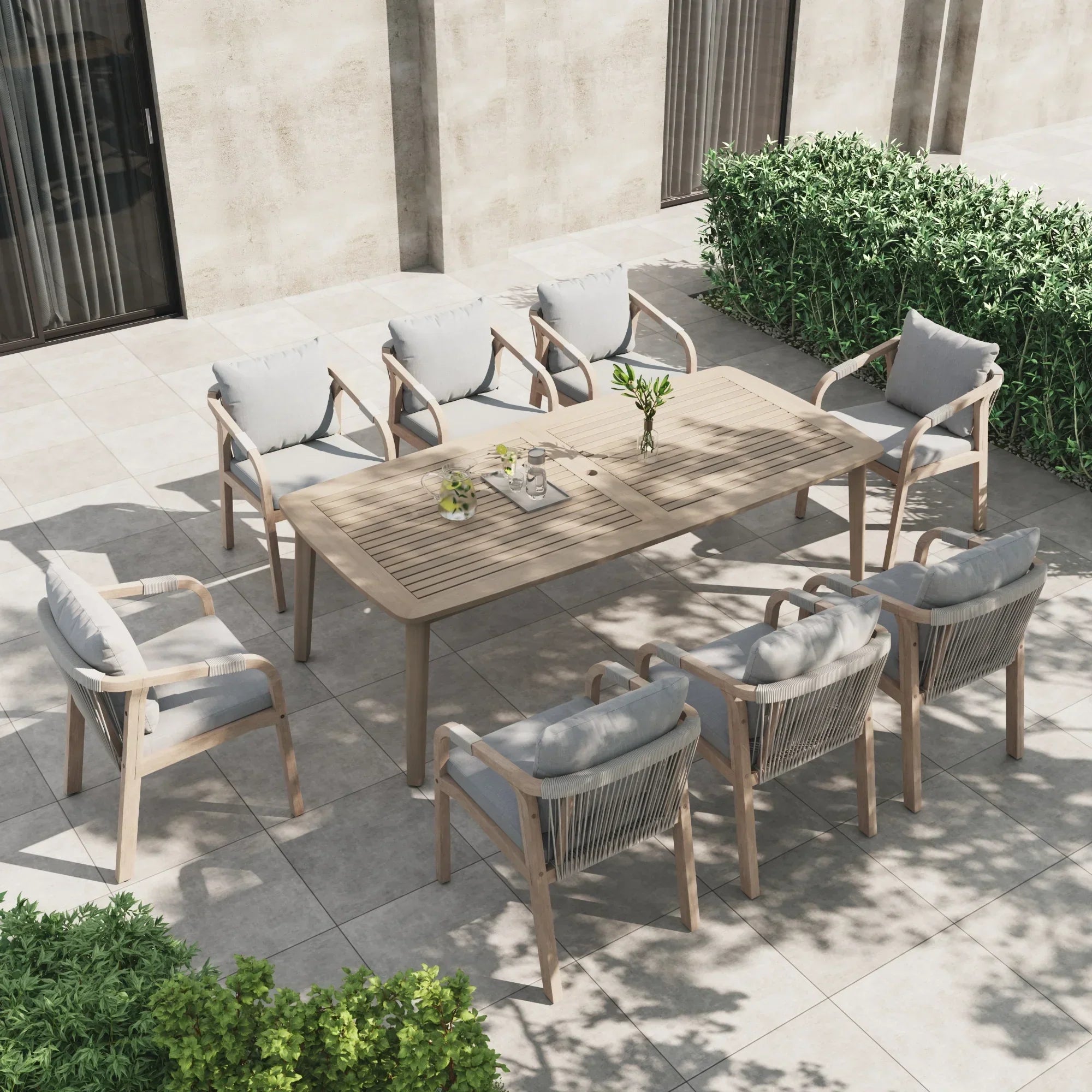 8-seats acacia wooden & rope outdoor dining furniture set with umbrella hole - Jardina Premium Modern Outdoor Dining Furniture