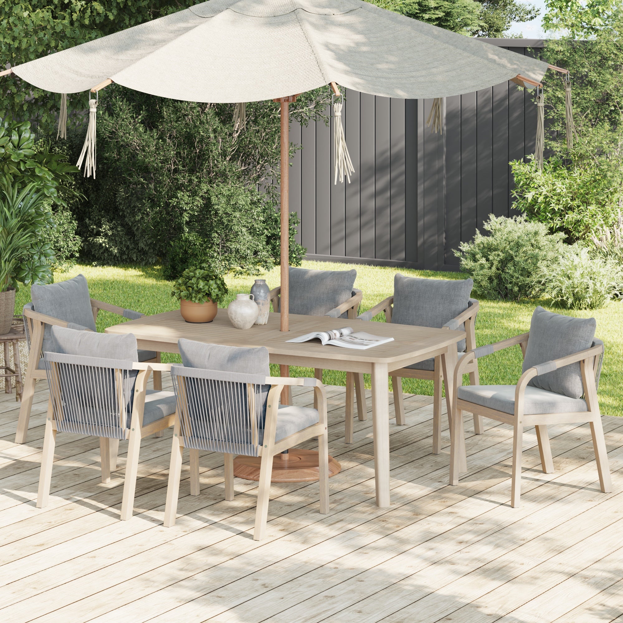 acacia wooden Outdoor furniture dining set for 6 people with umbrella hole, rope design and gray cushions - Jardina Premium Modern Outdoor Dining Furniture