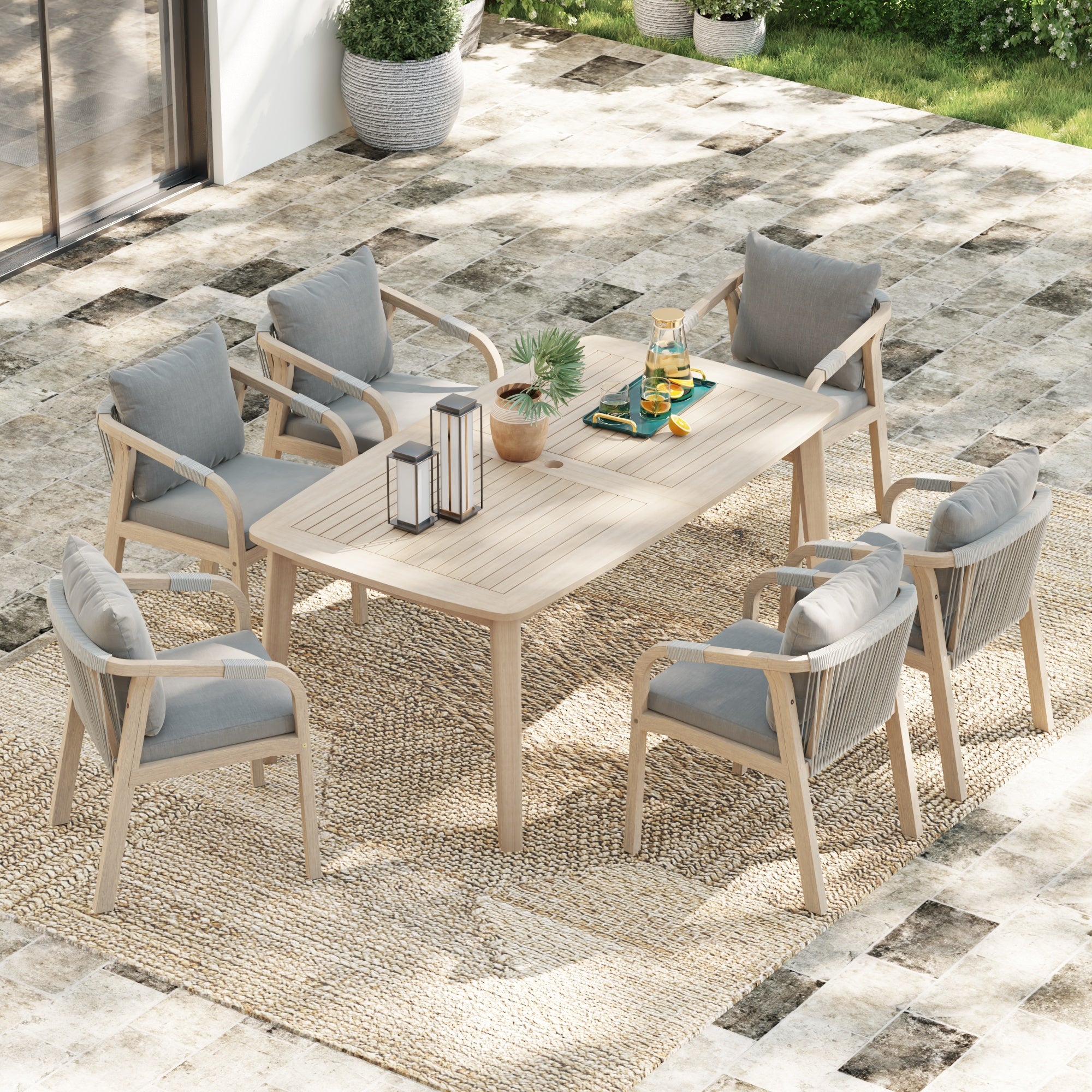 acacia wooden and rope Outdoor furniture dining set for 6 people with umbrella hole - Jardina Premium Modern Outdoor Dining Furniture