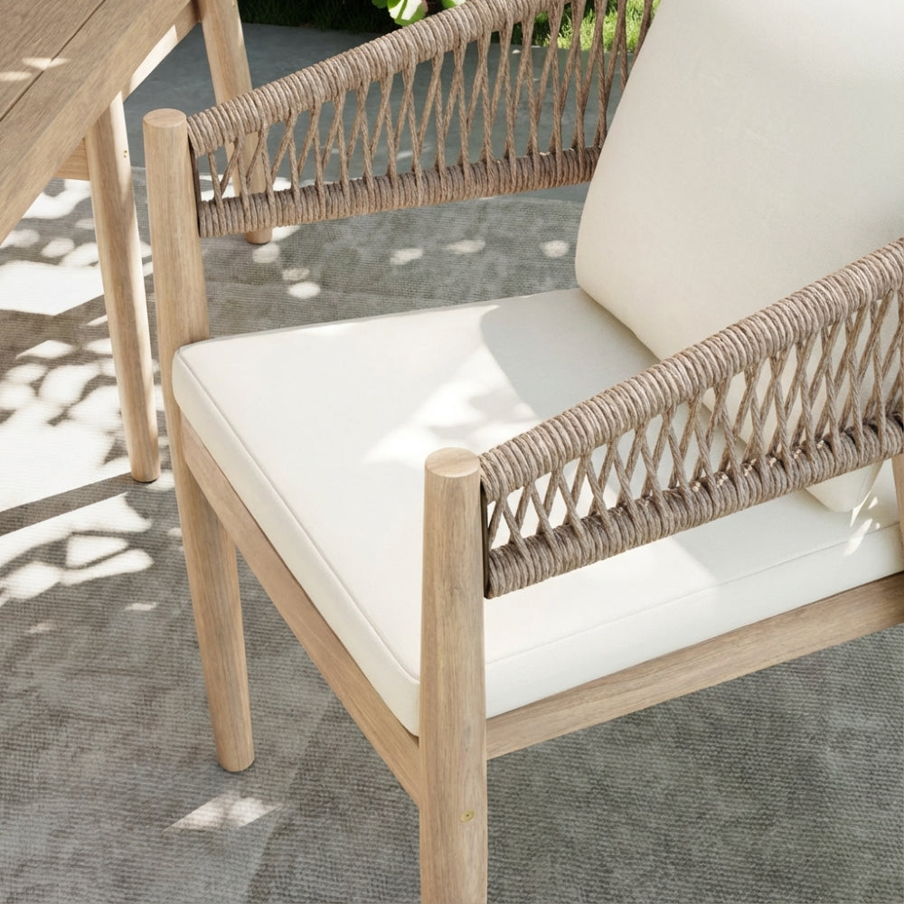 Rope outdoor chair with white cushion