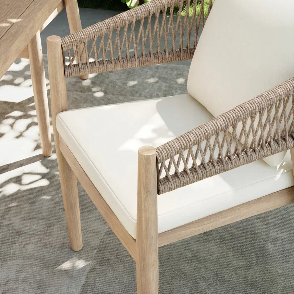 Rope outdoor chair with white cushion