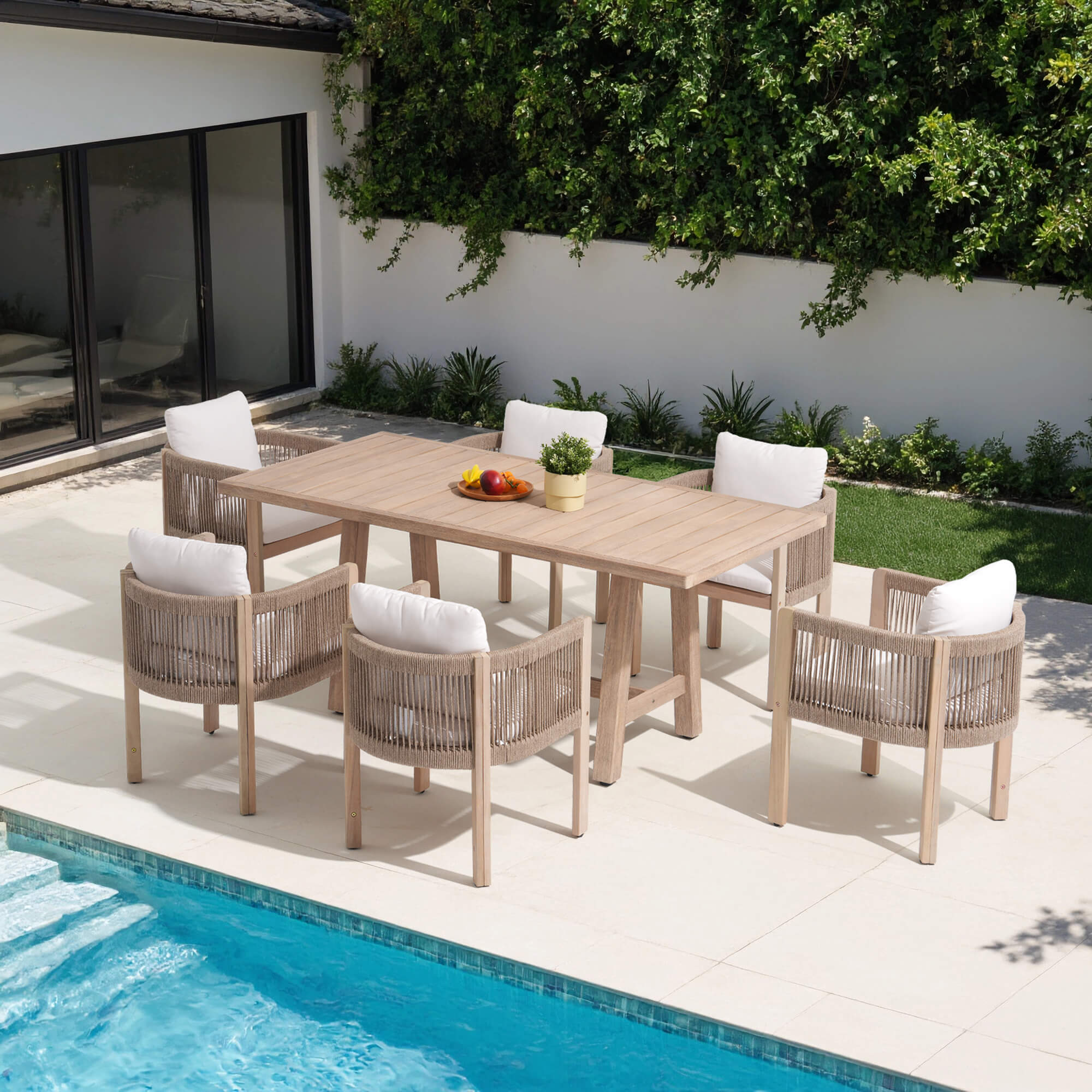 7pcs wood Outdoor dining set with table and woven rope armchairs by a pool - Jardina Modern Premium Outdoor Patio Furniture Sets