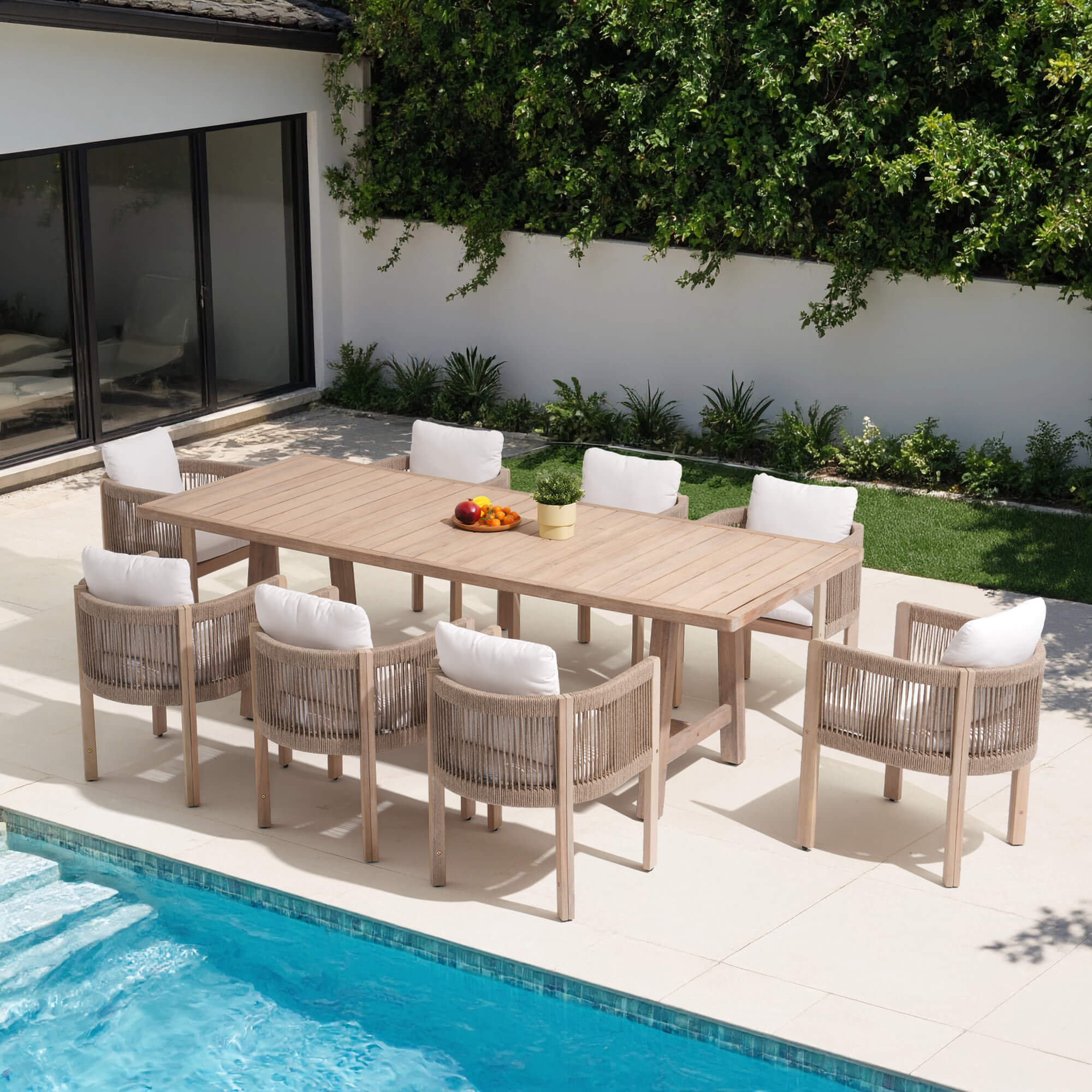 9pcs rectangular Outdoor dining set with wooden table and chairs by a pool - Jardina Modern Premium Outdoor Patio Furniture Sets