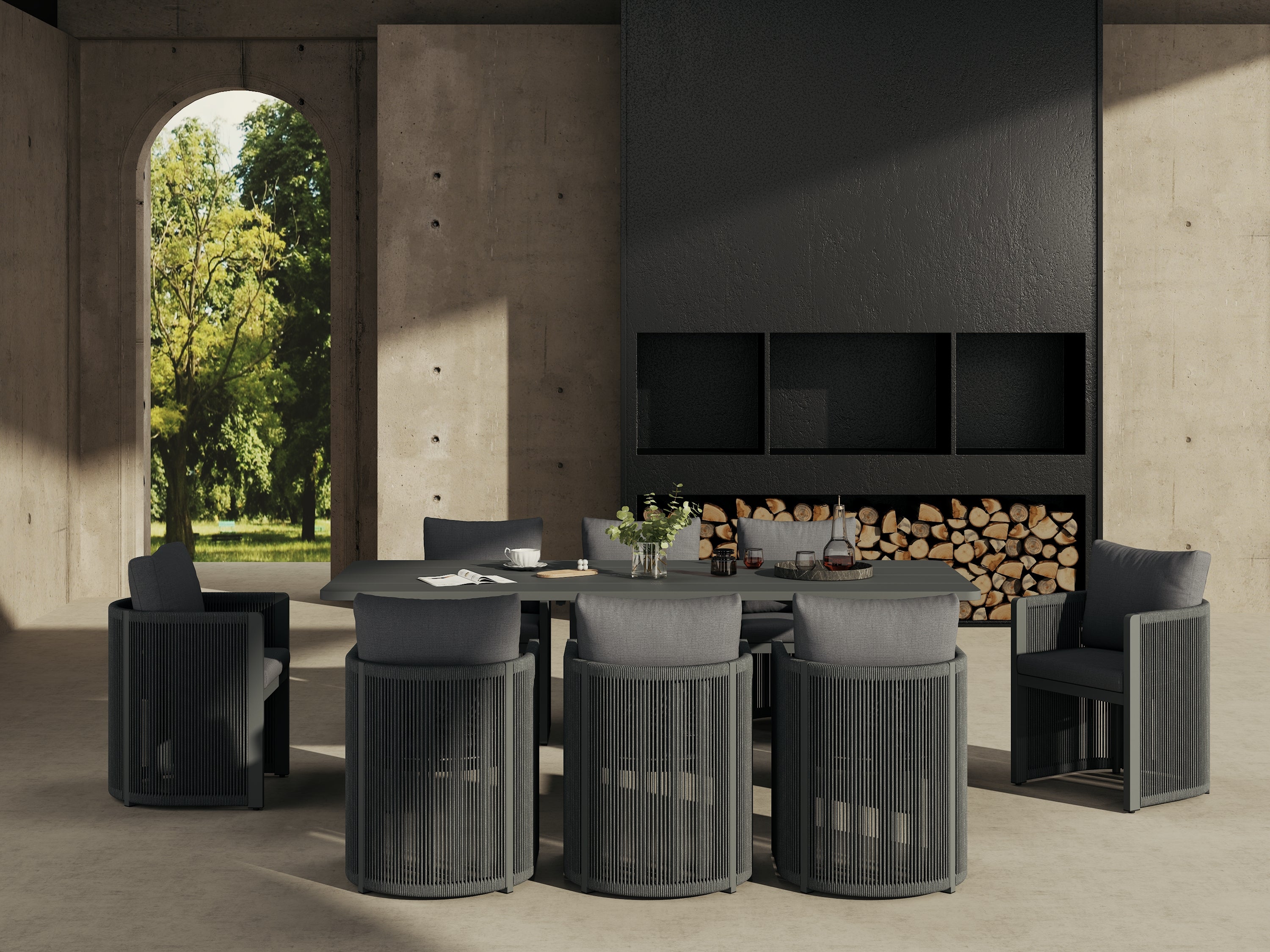 Irati Aluminum Outdoor Dining Set for 6-8 Seats, Dark Grey, Rope Design, 86.6" Table