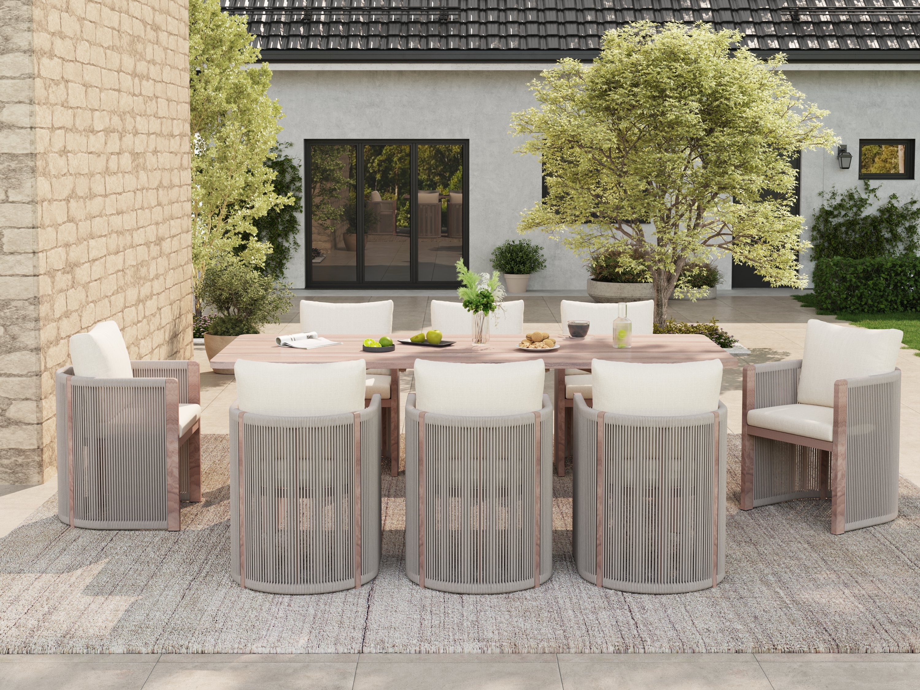 Irati Aluminum Outdoor Dining Set for 6-8 Seats, Light Beige, Rope Design, 86.6" Table