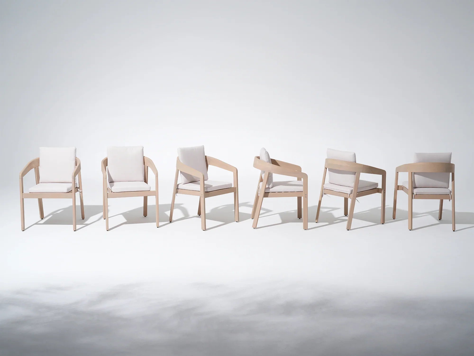 Set of six modern Eucalyptus wood dining chairs with white cushions - Jardina Premium Modern Outdoor Dining Furniture