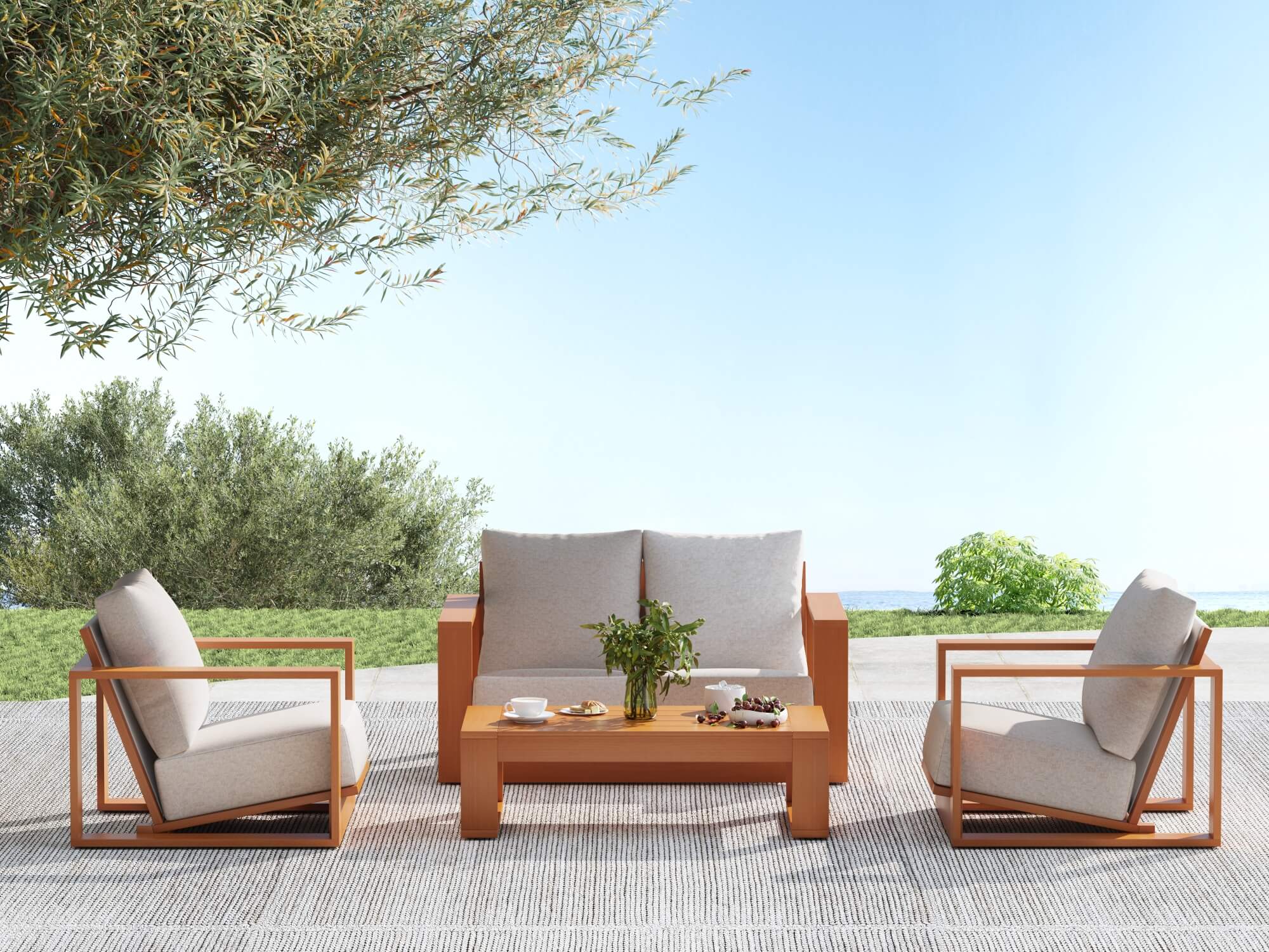 Drift 4-Piece Eucalyptus Wooden Outdoor Furniture Set with Linen-tone Cushions, Angled seat, Rope Backrest