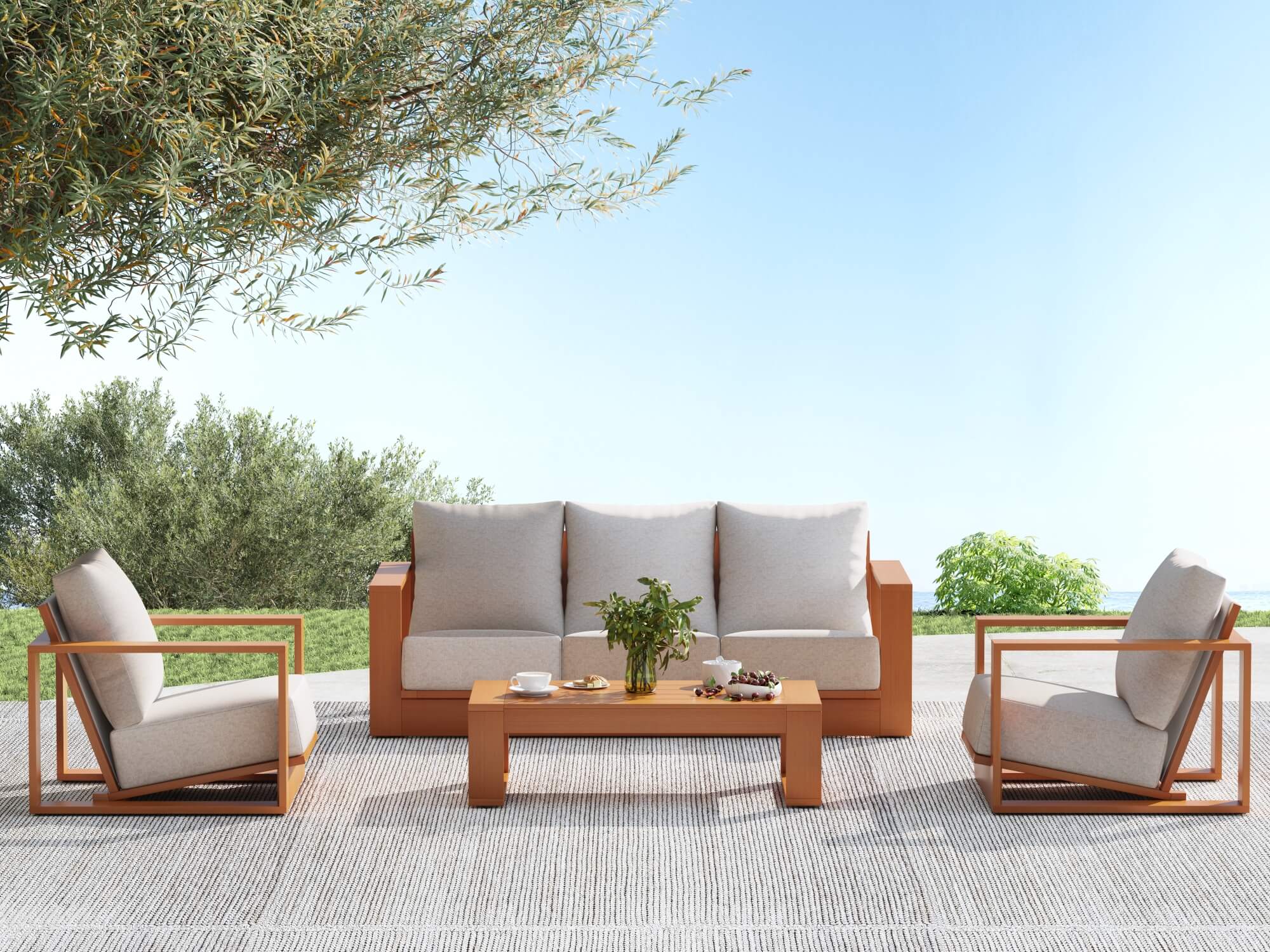 4-pc Eucalyptus Wood Outdoor furniture conversation set with 3-seat sofa, two armchairs, and a coffee table - Jardina Modern Premium Outdoor Patio Furniture Set