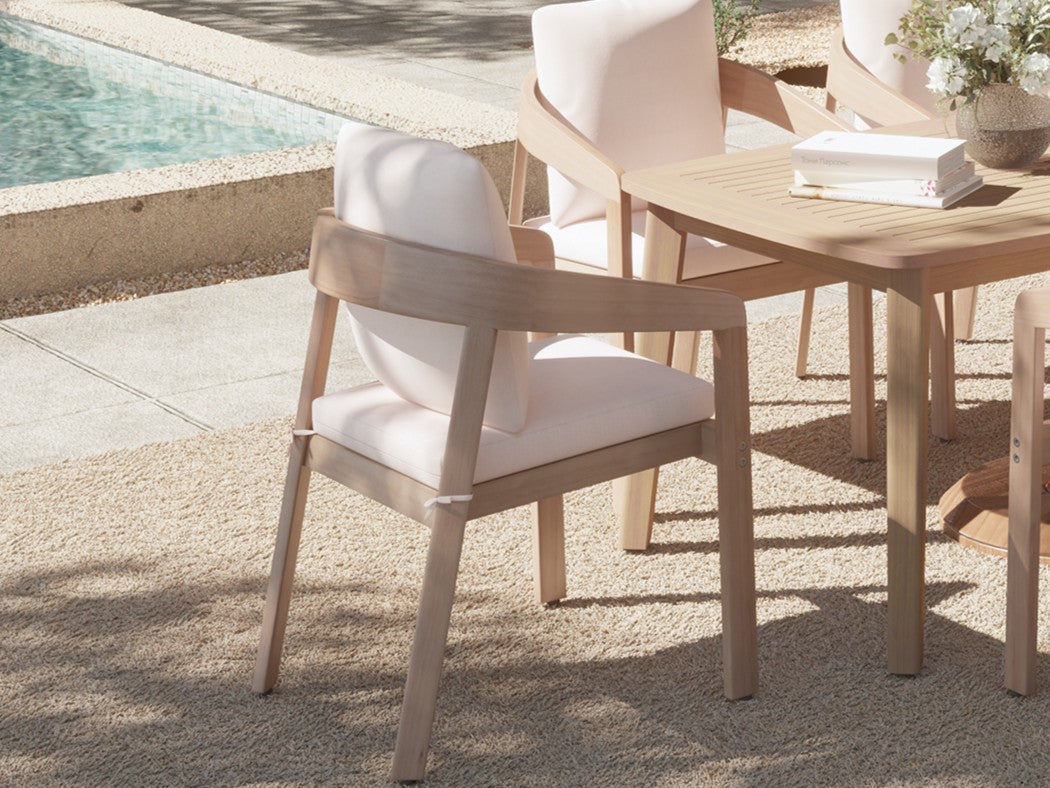 Eucalyptus Wood Outdoor Dining Chairs With Curved Backrest, White Cushions - Jardina Premium Modern Outdoor Dining Furniture
