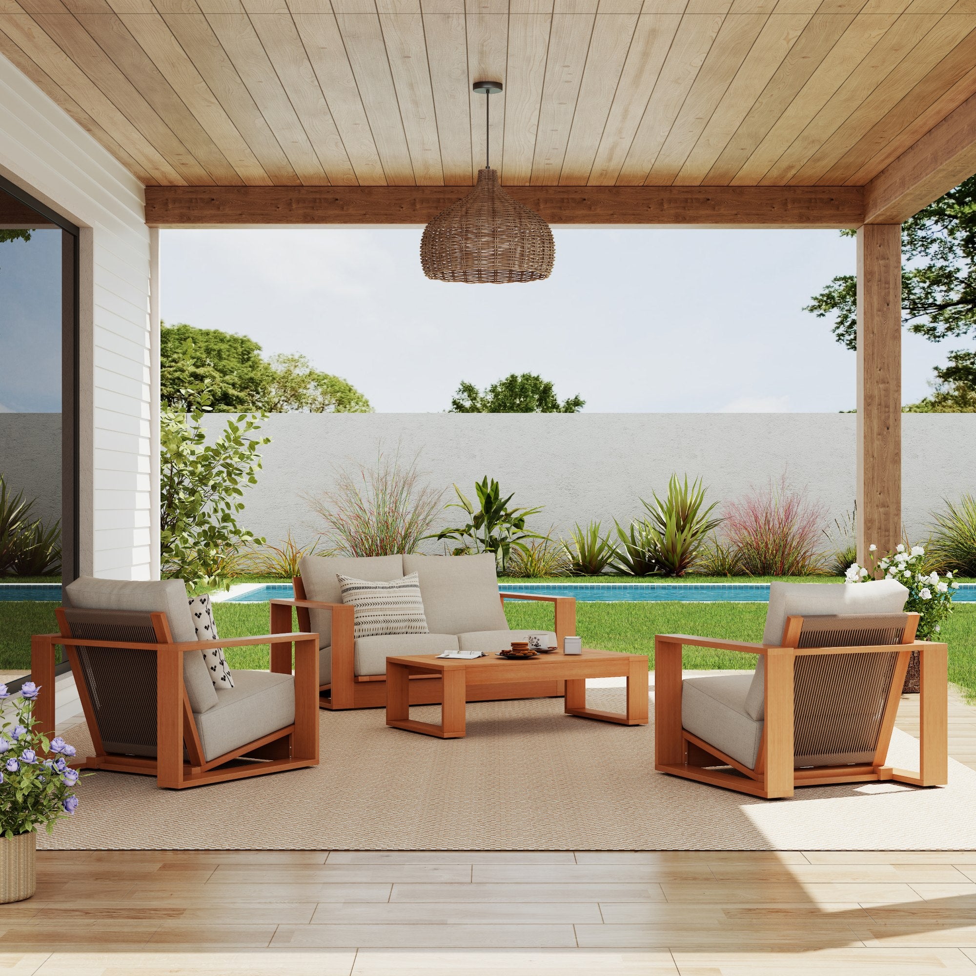 Drift 4-Piece Eucalyptus Wooden Outdoor Furniture Set with Linen-tone Cushions, Angled seat, Rope Backrest