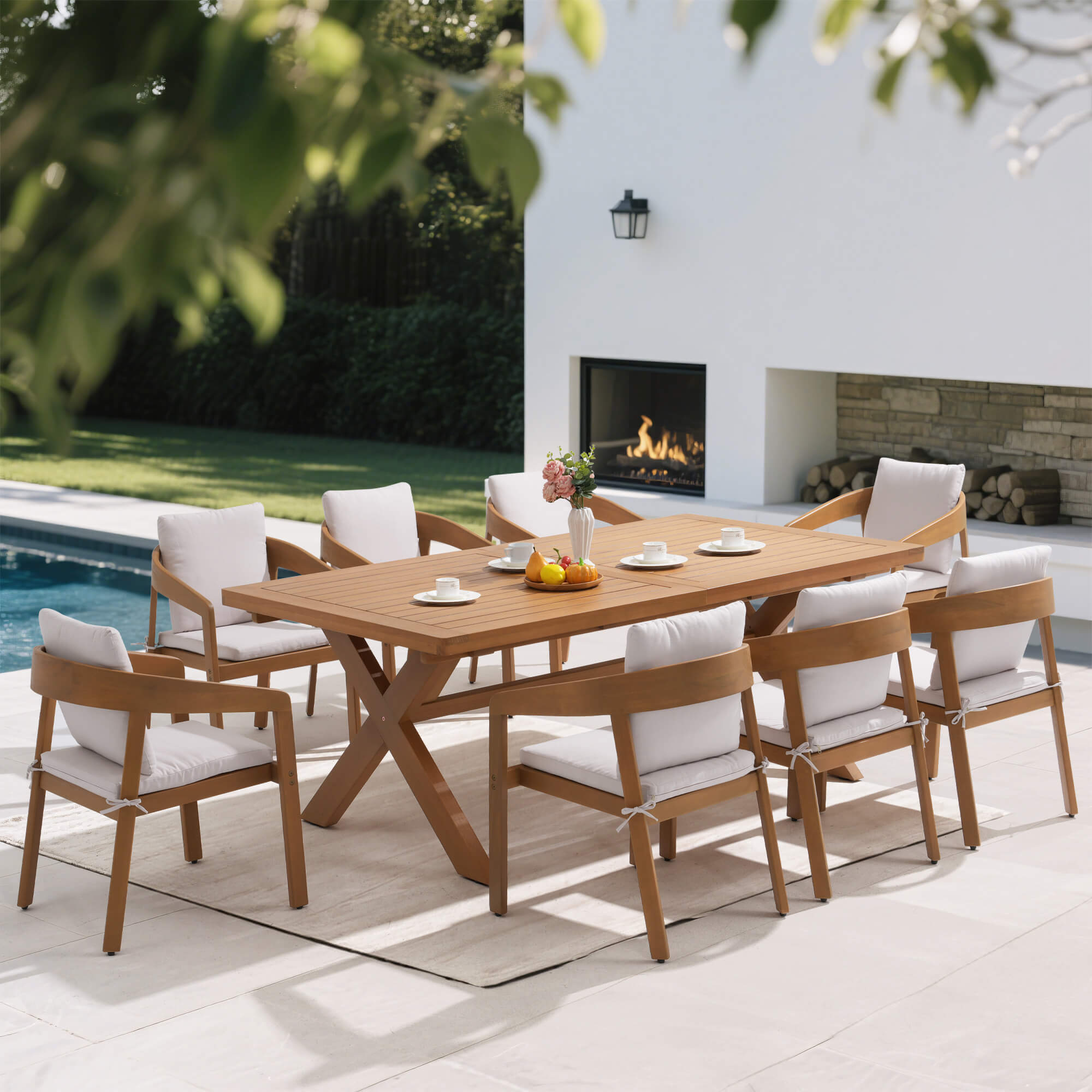 9-pc Outdoor dining set with eucalyptus wooden table and chairs near a pool and fireplace - Jardina’s Modern Premium Outdoor Furniture
