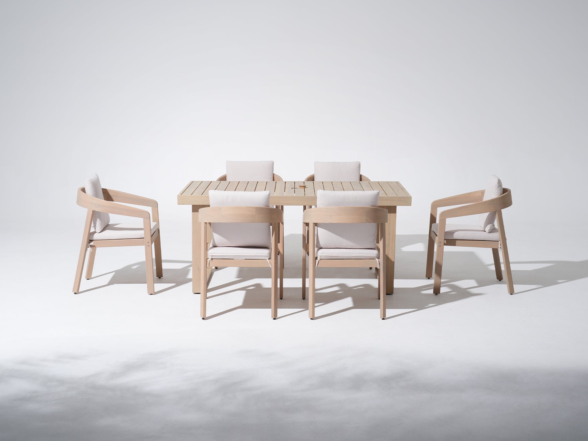 Cali Eucalyptus Outdoor Dining Set with Rope Chairs & Bench, Umbrella Hole for 6 People, 67" Sled-Leg