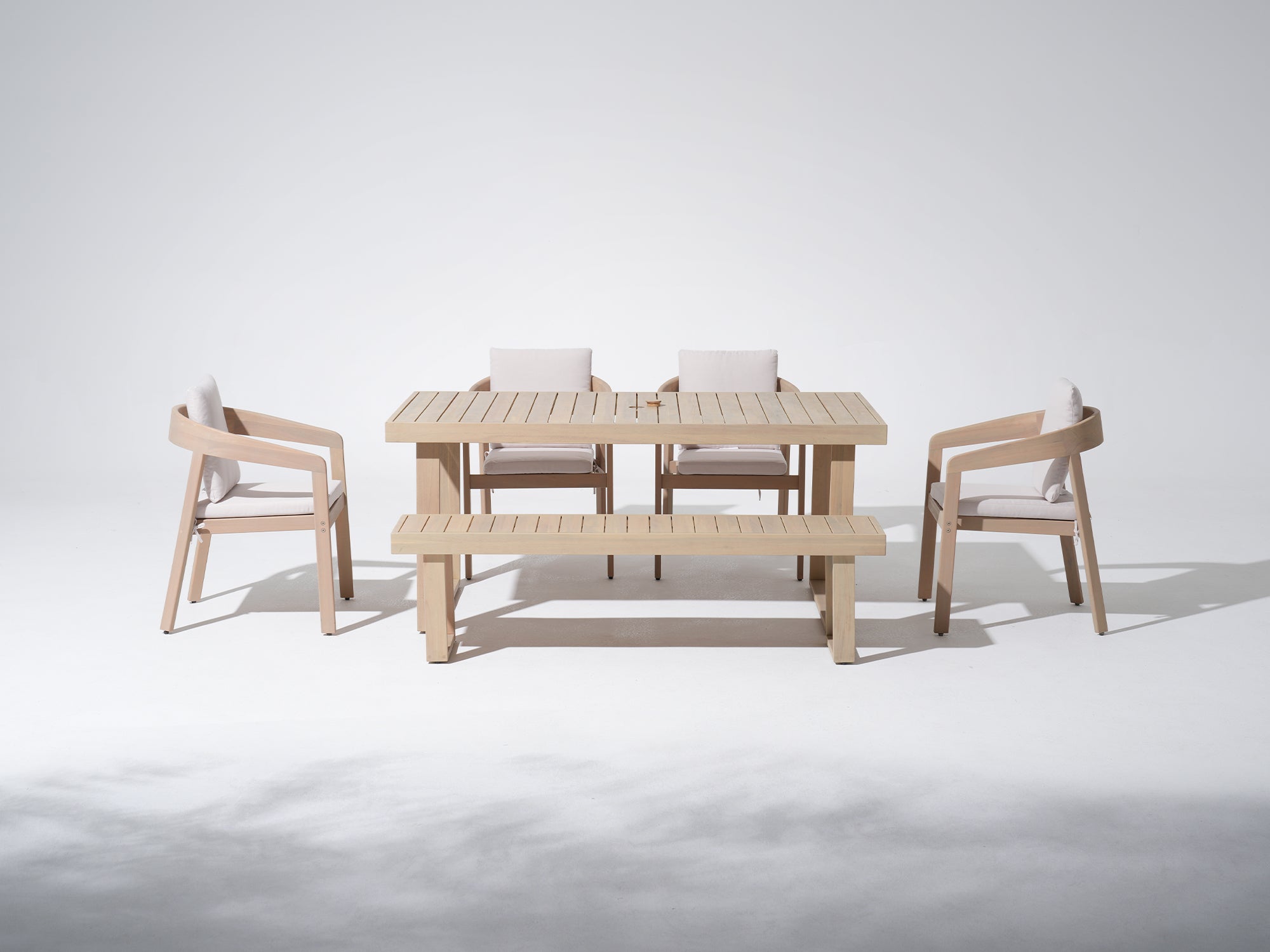Umbrella Hole Outdoor Eucalyptus Wood Dining Set with Rope Chairs & Bench, for 4-6 People, 67" Sled-Leg - Jardina Premium Modern Outdoor Dining Furniture