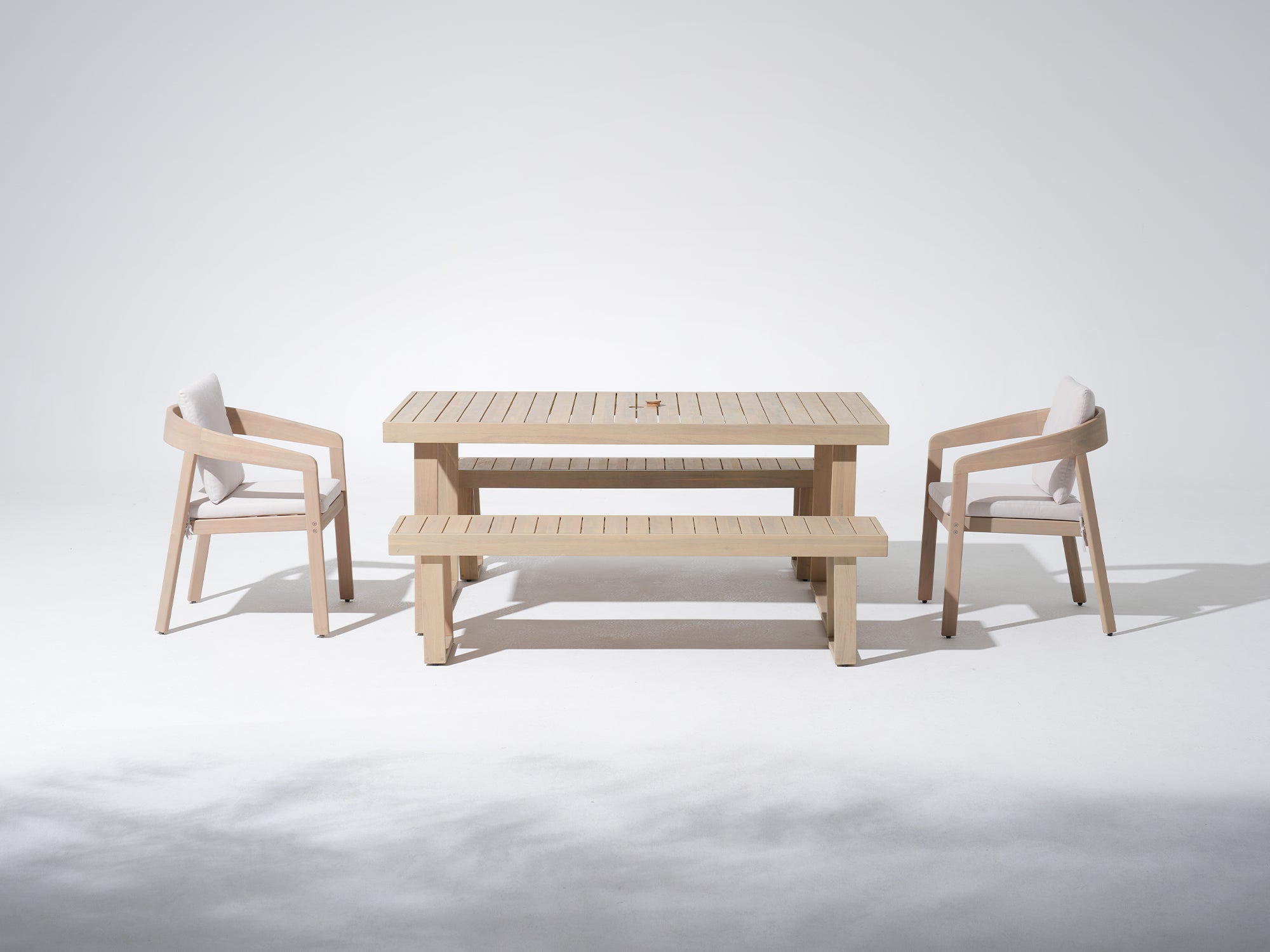 Drift 67'' Eucalyptus Wood Outdoor Dining Set with 2-4 Rope Chairs and Bench; Sled-Leg Design & Umbrella Hole