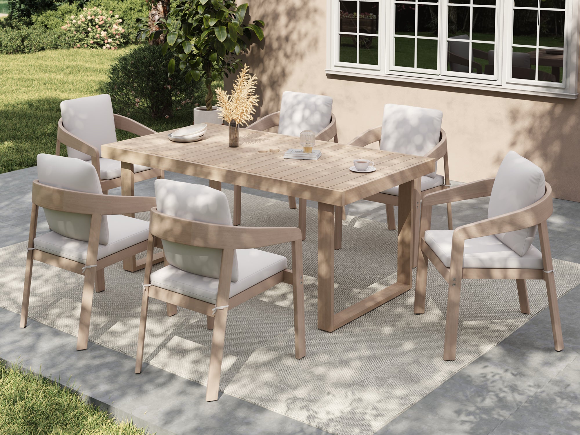 Cali Eucalyptus Outdoor Dining Set with Rope Chairs & Bench, Umbrella Hole for 6 People, 67" Sled-Leg