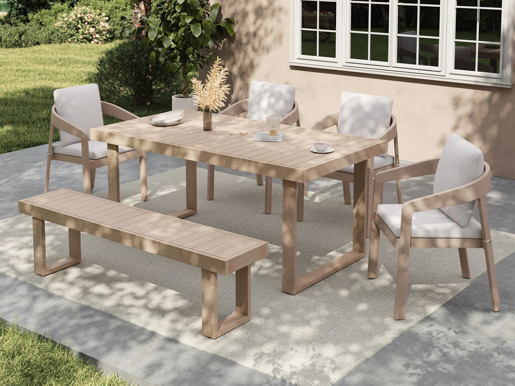 Umbrella Hole Outdoor Eucalyptus Wood Dining Set for 6 People with Rope Chairs and a Bench, 67" Sled-Leg - Jardina Premium Modern Outdoor Dining Furniture