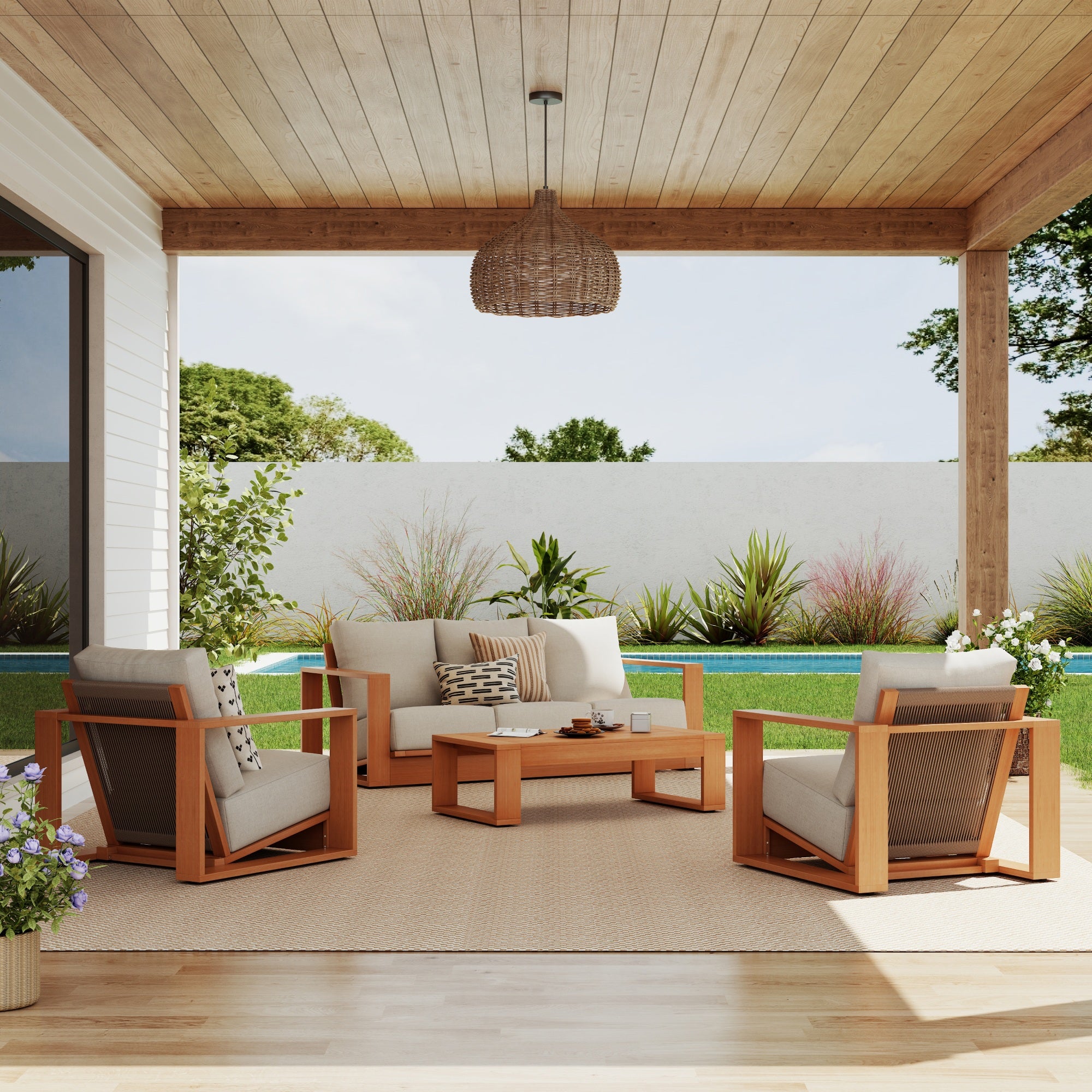 Outdoor patio furniture conversation set with Eucalyptus wooden chairs and sofa on a covered patio - Jardina Modern Premium Outdoor Patio Furniture Set