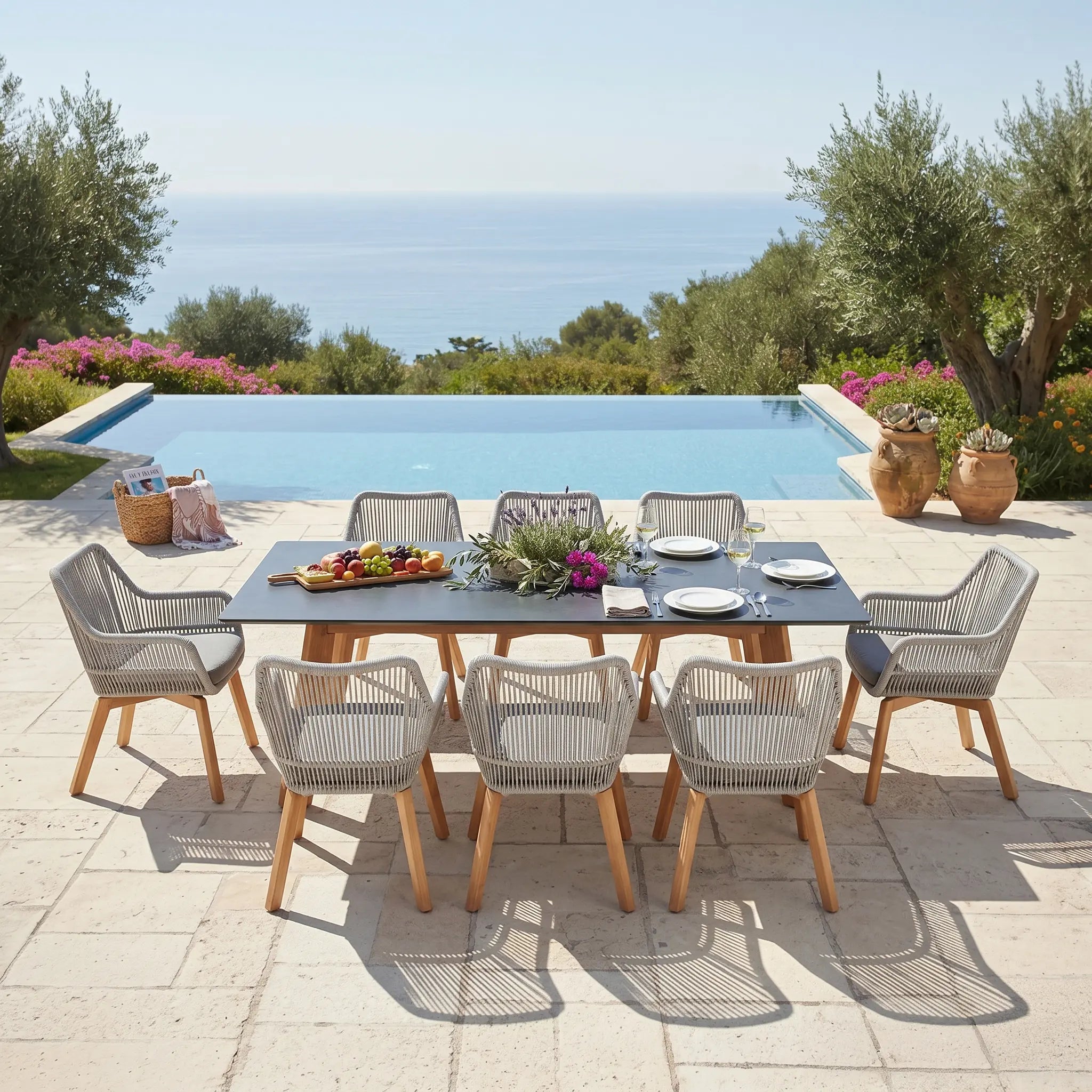 Plena Outdoor Dining Set For 6/8 People, Teak & Sintered Stone, 90.6''